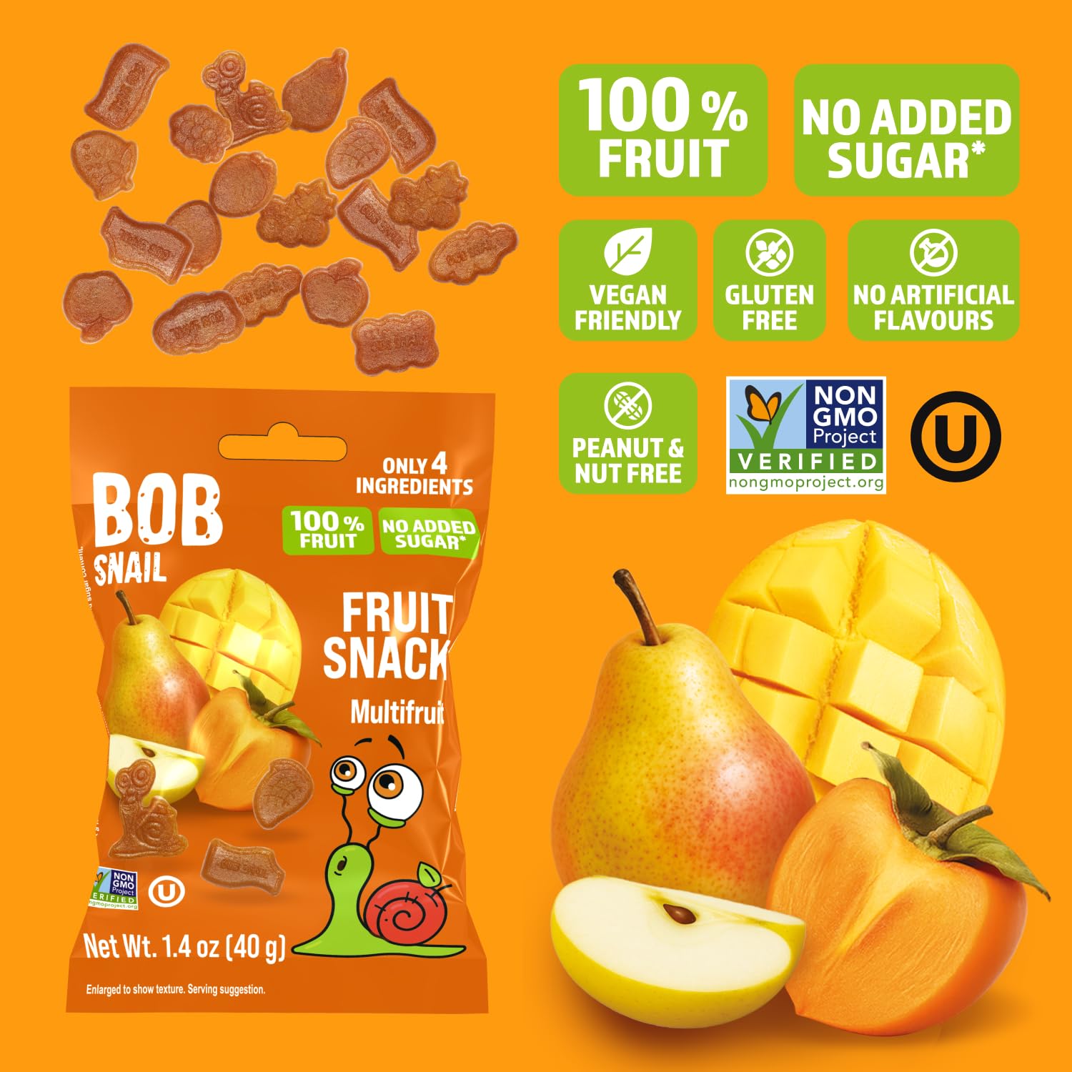 Bob Snail Fruit Gummy Bites – Multifruit Flavor, 12-Pack (480g), Real Fruit Snacks with No Added Sugar, Vegan & Gluten-Free Mini Bites for Kids & Adults