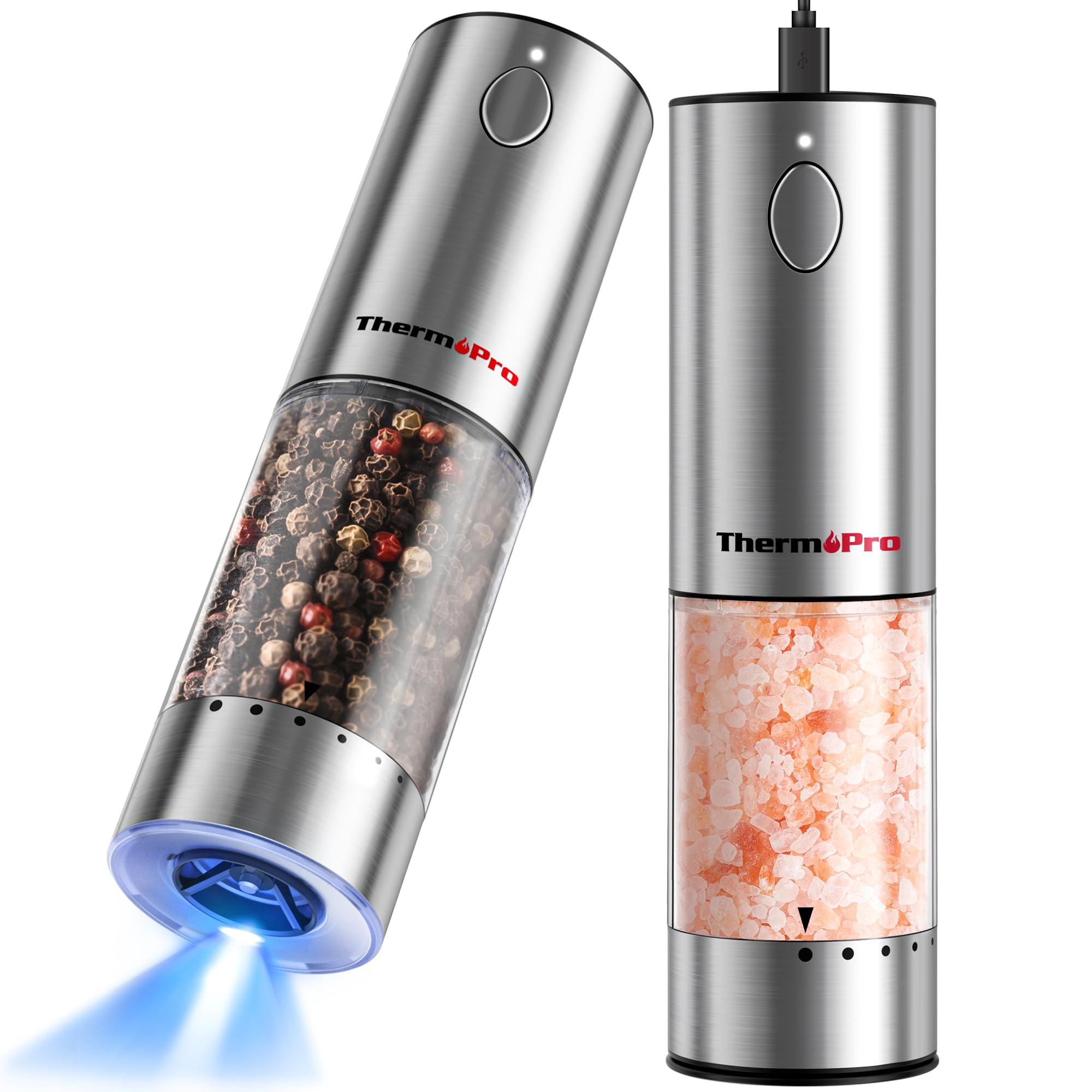 ThermoPro rechargeable electric salt and pepper grinder set stainless steel with dust cover and LED