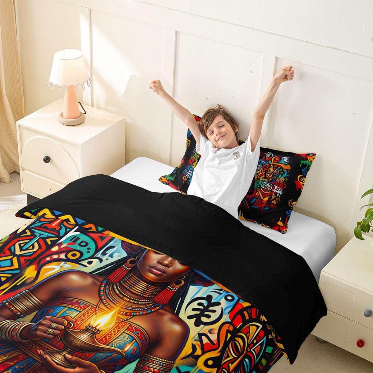 Erosebridal Exotic Afro Girl Duvet Cover Set Retro Style Girl Toddler Bedding Set for Teen Boys Ethnic Tribal Comforter Cover Multicolor Patches Bed Sets