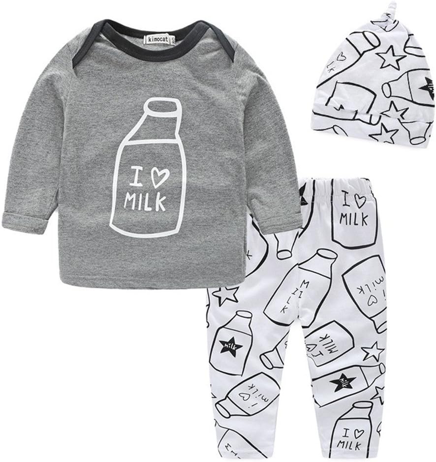 Fantasysy Baby Romper Outfit Milk 3Pcs Boys Girls Long Sleeve Bodysuit Pants Hat
