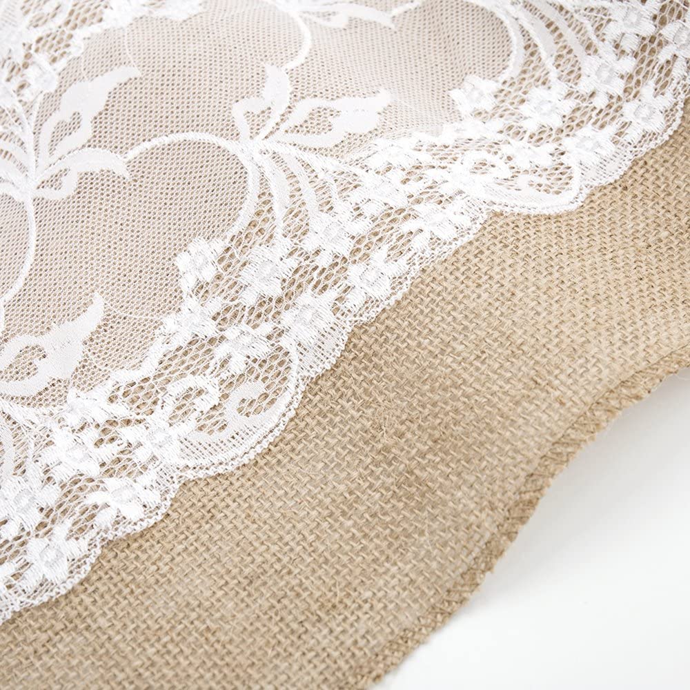 10 Stücke Tischläufer mit Spitze, Juteband Tischband Natur Hochzeit Deko Vintage Tischdeko Hochzeitsdeko Rustikal 30 cm breit 275cm Rolle