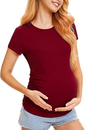 Maternity Shirts for Women, Crew Neck Maternity Top Short Sleeve | Side Ruched Fit, Pregnancy Tee Shape, Summer Wardrobe Basic, For Daily Wear, Layering, Workdays, Casual Outfits, Daily Looks