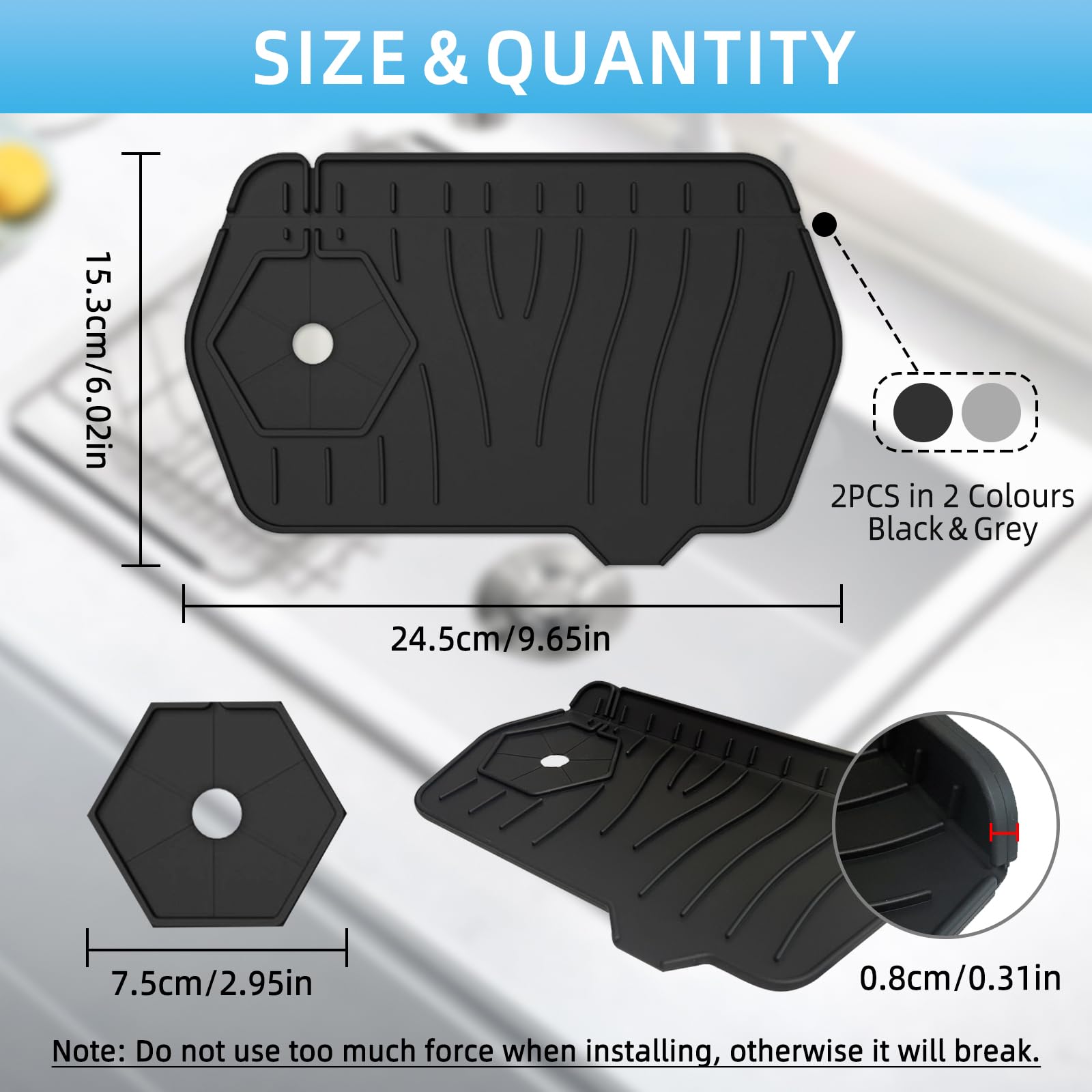 2 szt. Silikonowa mata do zlewu, 24,5 × 15,3 cm Kran Drain Pad do kranów o średnicy do 7,5 cm, silikonowa mata do ścieków składanych, mata do zlewu kuchnia i łazienka