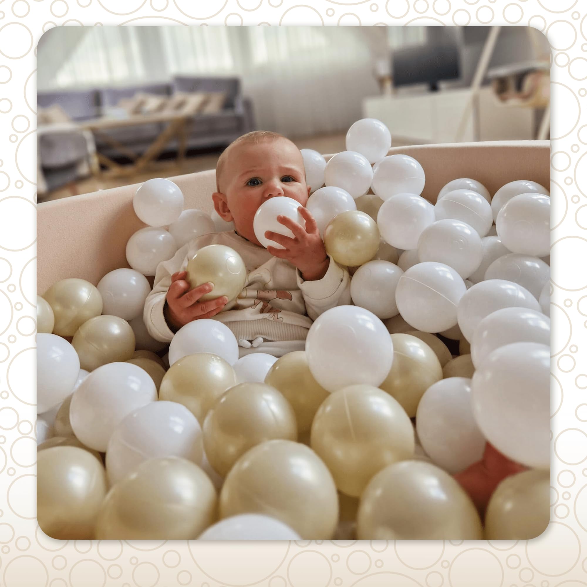 Mimii Bällebad 90x30cm 200 Bälle für Baby - Schaumstoff Bällepool für Kinder - Baby Ballgruben - Spielzeug Abnehmbar und Waschbar - Beige: Bällen Transparent/Hellgolden/Schillernd