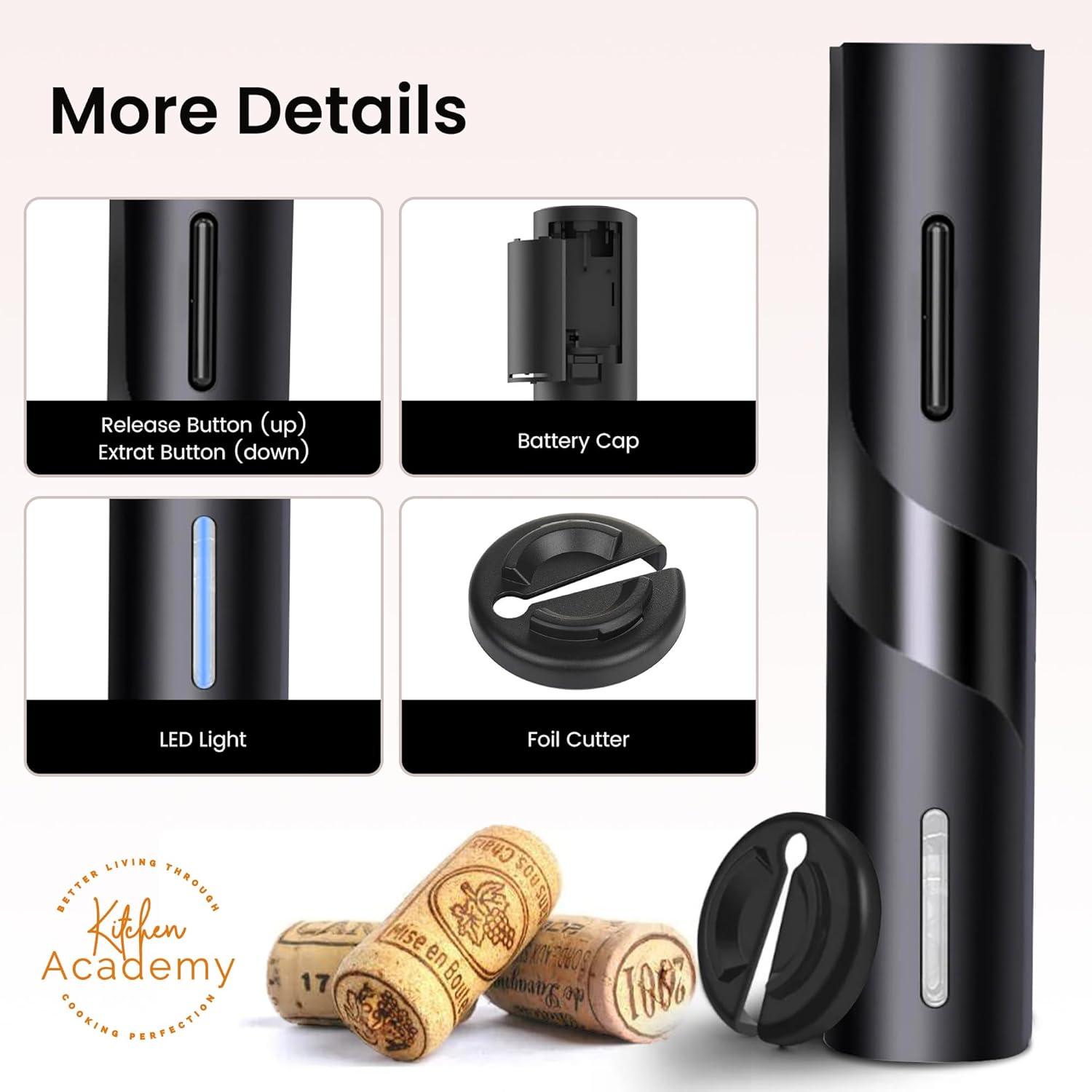 Kitchen Academy Electric Wine Opener with Foil Cutter, One-click Automatic Corkscrews Button Corkscrew Remover for Home Kitchen Party Wedding