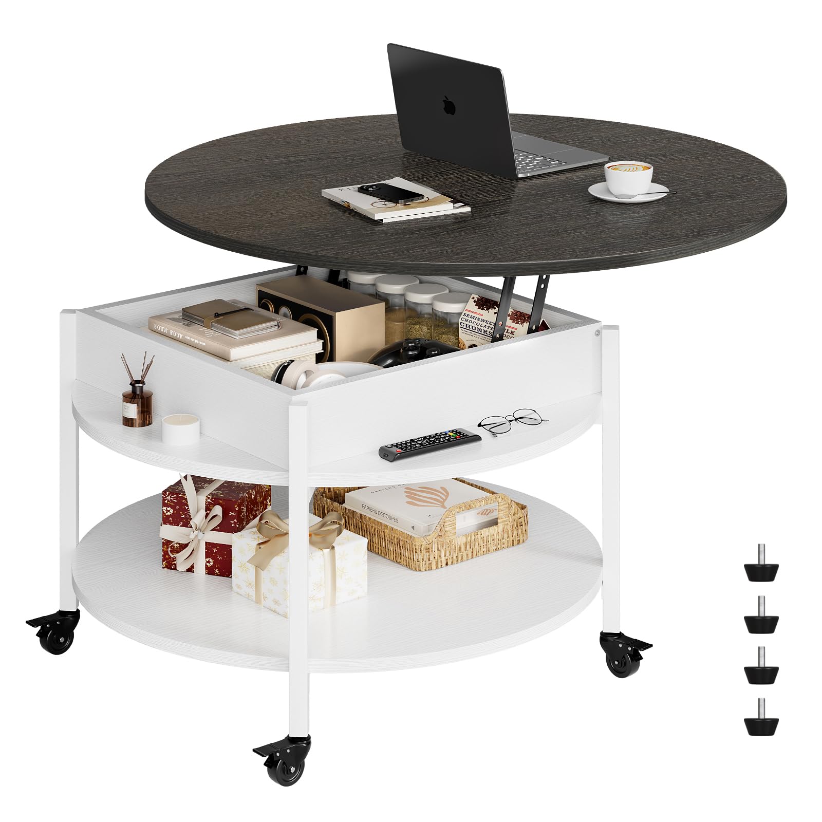FABATO Round Lift Top Coffee Table with Wheels, Circle Center Table with Storage and Compartment, 26.77’’ Rolling Coffee Tables for Living Room, 2 Tier Small Coffee Table Circle Dining Table, White