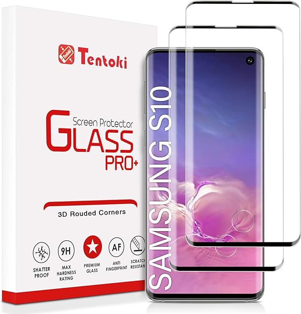 Tentoki Screen Protector Compatible with Samsung Galaxy S10, [2-Pack] HD Full Coverage Tempered Glass Screen Protector [Compatible with Fingerprint Sensor] for Samsung Galaxy S10