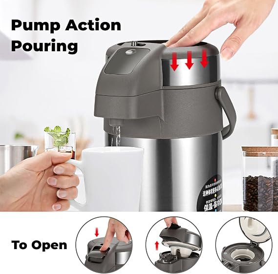 Coffee Pump Flask, 4L Stainless Steel Airpot, Hot Beverage Dispenser & Hot Water Urn Perfect for Water and Tea