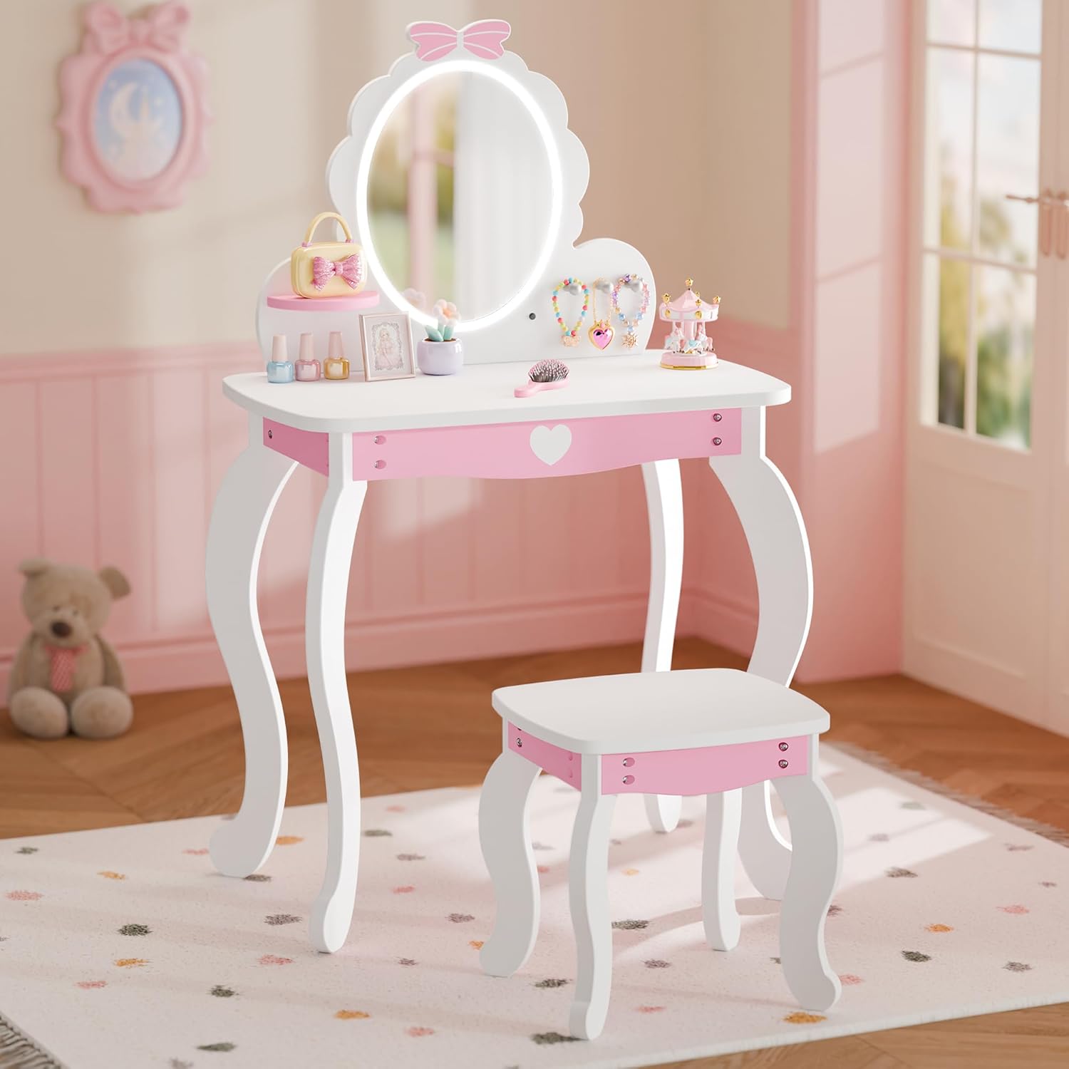 MU Kids Vanity Set with Lighted Mirror and Stool, Kids Makeup Vanity Desk with Storage Space, Bow Pattern for Girls, Toddler Princess Makeup Dressing Table with Chair Set, White