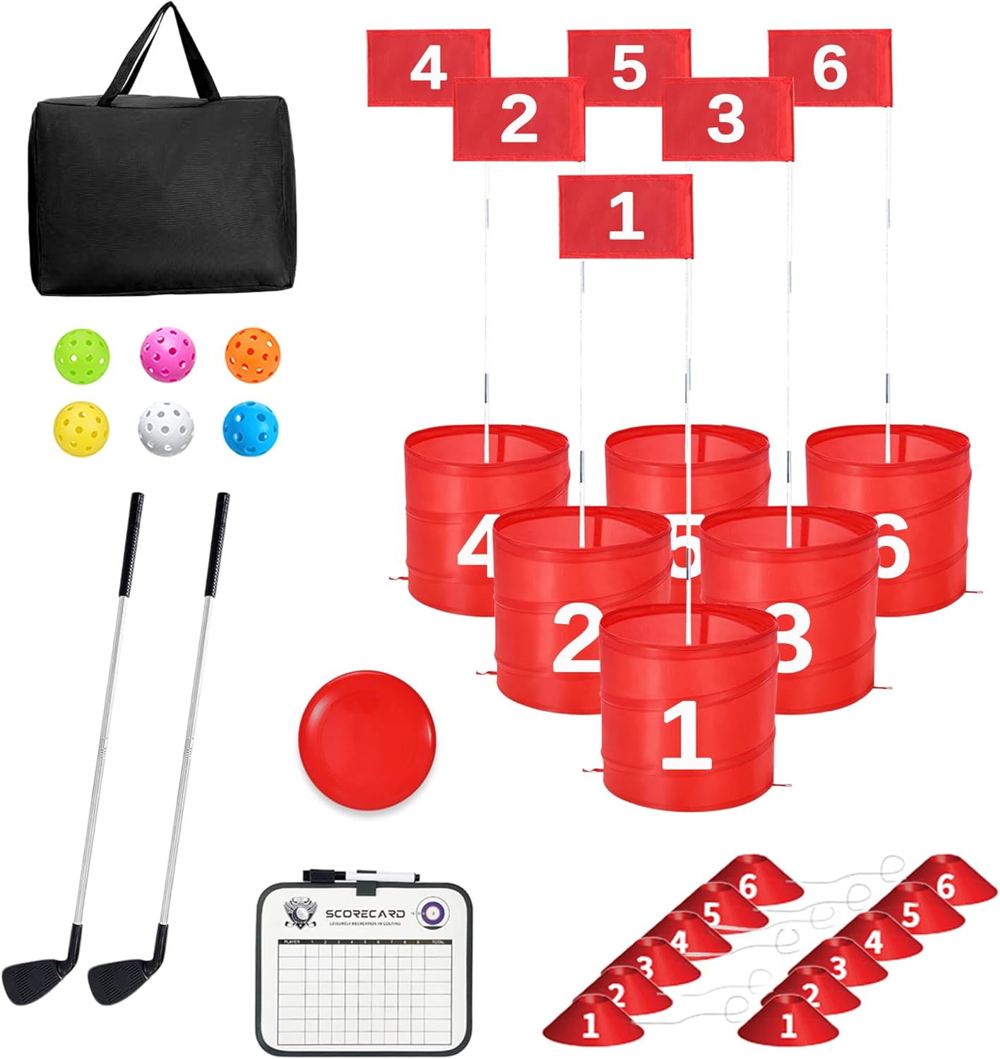 Golf Bucket Yard Game 6-Hole Set with 2 Clubs, Portable Outdoor Yard Game for Family and Adults, Golf Chipping Practice for Lawn, Beach, Camping, Park
