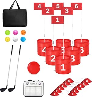 Golf Bucket Yard Game 6-Hole Set with 2 Clubs, Portable Outdoor Yard Game for Family and Adults, Golf Chipping Practice for Lawn, Beach, Camping, Park - 6 Holes