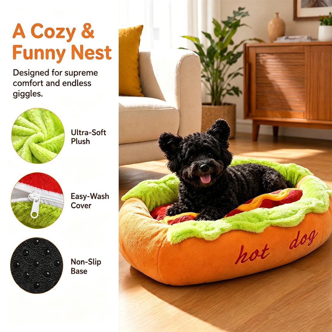 Cama Hot Dog para Perro Salchicha, Sofá de Peluche en Forma de Pan para Perros Pequeños y Gatos, Colchoneta Extraíble Lavable y Base Antideslizante (Hot Dog Bed,XL)