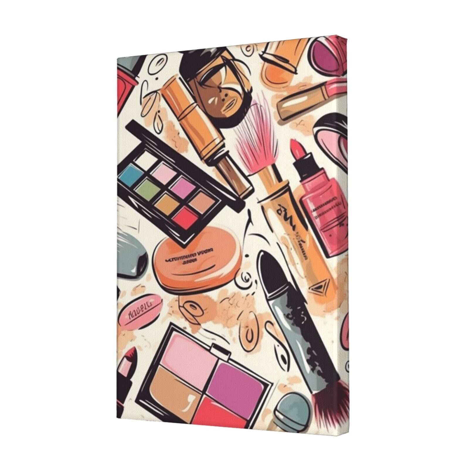 Cosmetic And Makeup Theme Pattern Canvas Wall Art for Living Room Wall Decor 12"x18" Modern Artwork Painting Pictures Hanging Canvas Prints Aesthetic Wall Art for Bedroom Bathroom Office Wallart Decor