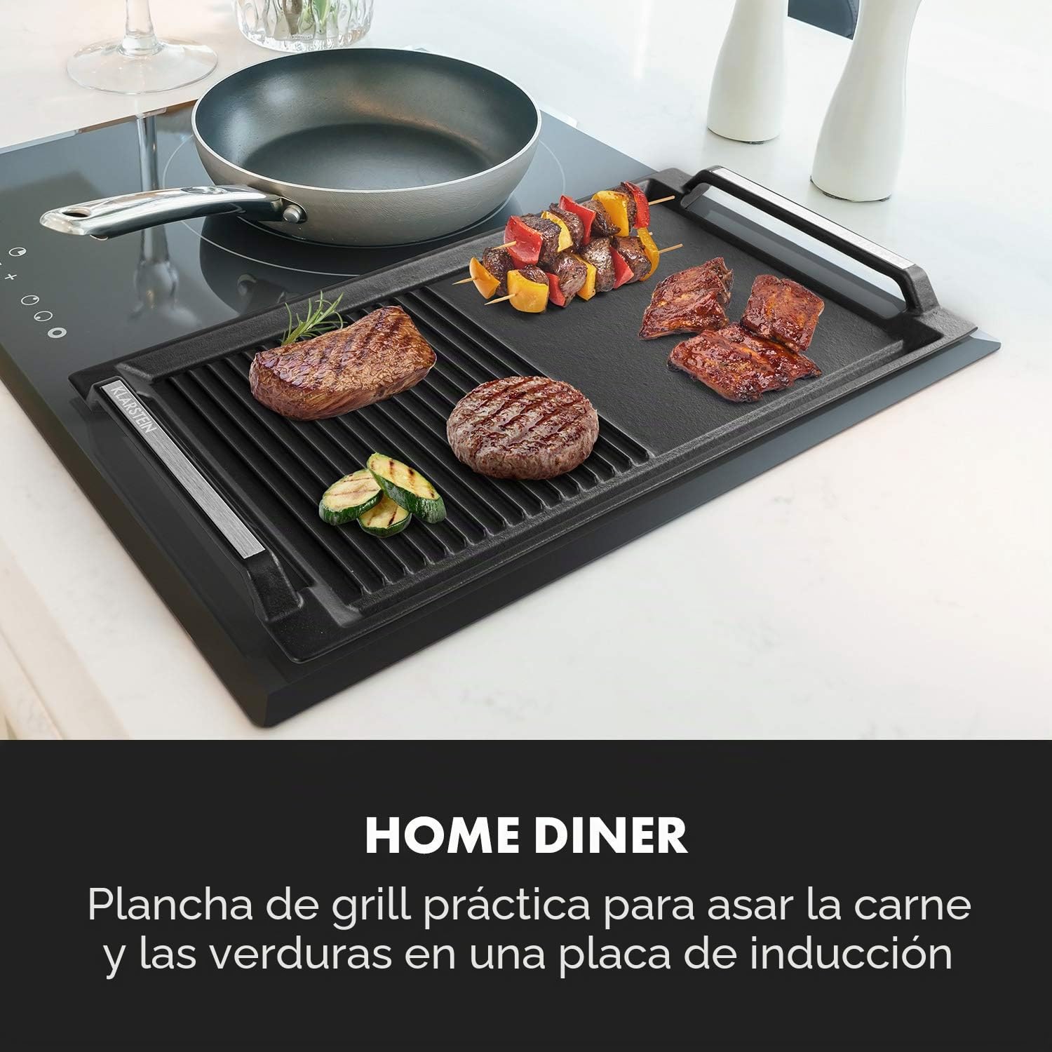 Klarstein Delicatessa Grill Pan - Placa de parrilla, Accesorio para placas de inducción, 43,5 x 23 cm, Mitad grill, Mitad plancha, Asas cool-touch, Hierro, Capa antiadherente, Negro