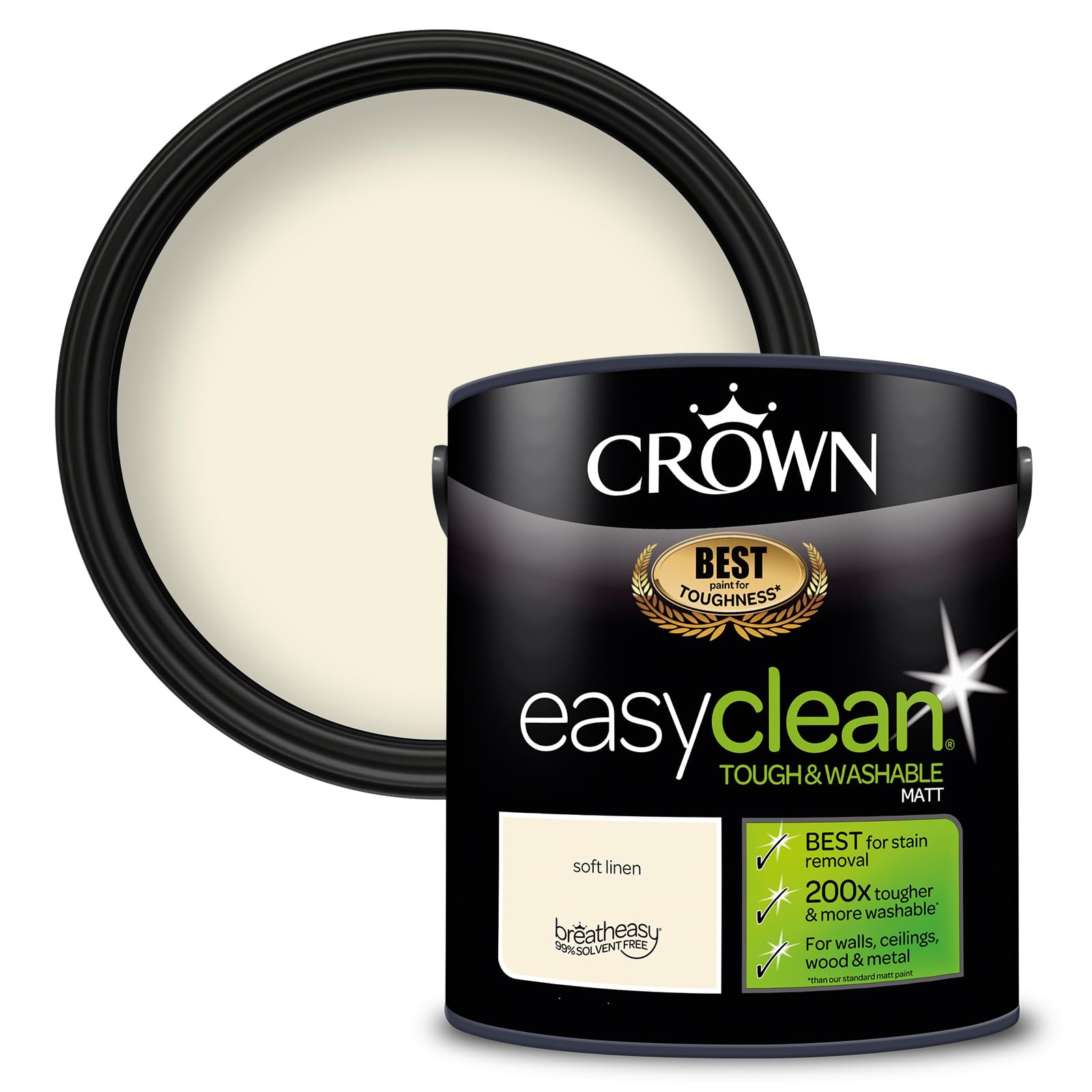 Crown Soft Linen - Washable Matt Emulsion Paint for Walls and Ceilings - Stain Resistant - Light Cream Finish - Hallway and Playroom - Water Based, Low Odour Paint - 2.5L