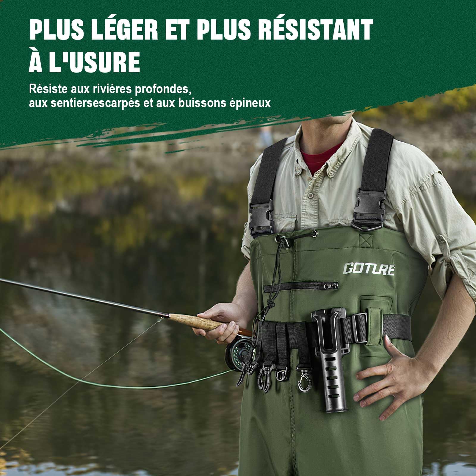 Goture Cuissardes de Waders Peche Homme Unisexe, 70D Nylon, Waders étanches pour la pêche avec Poche étanche, Chasse, Waders avec Pied de Botte, Poche étanche pour téléphone Portable, Vert