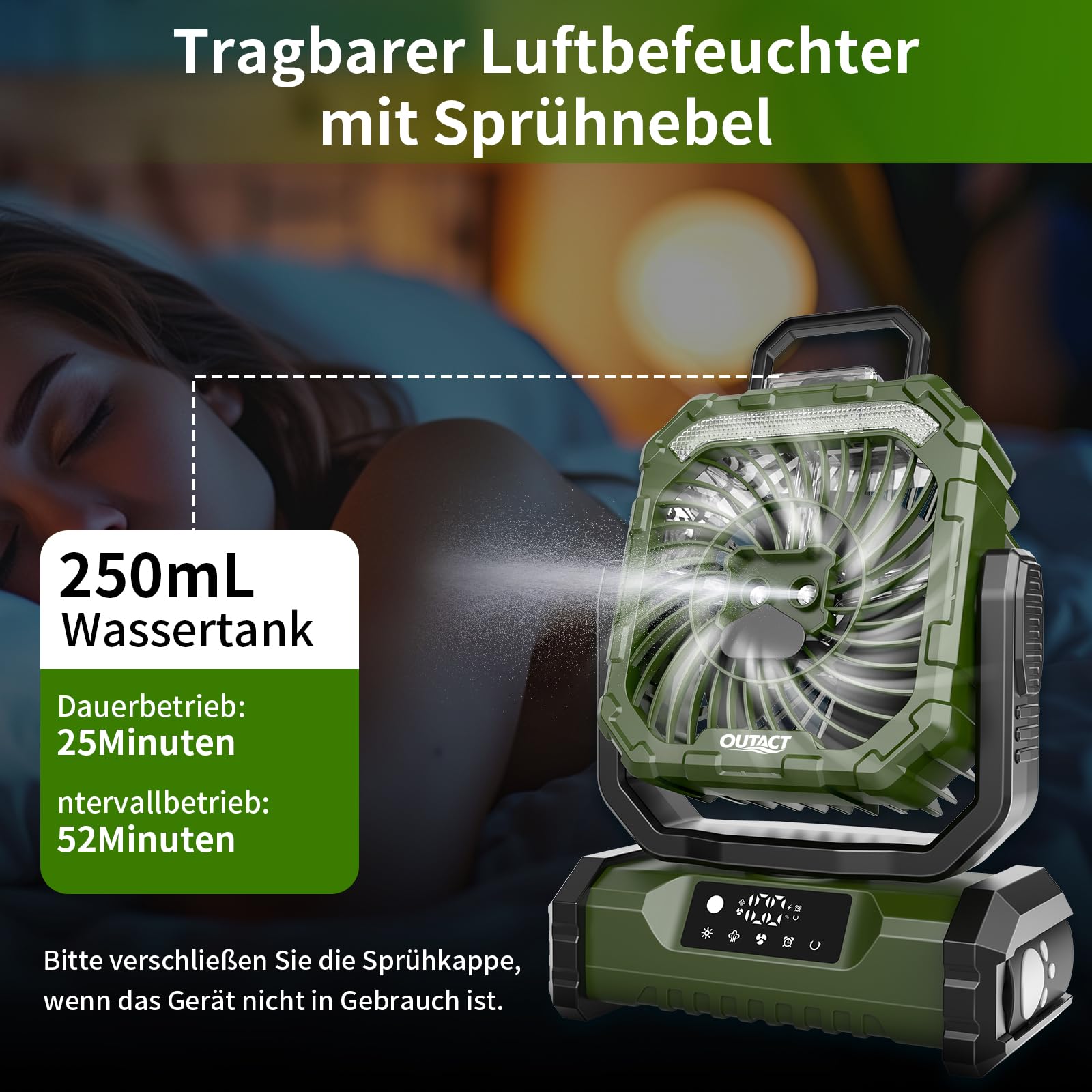 Ventilator Camping mit Sprühnebel, Akku Ventilator 20000mAh mit LED Licht, Haken, 270° Drehung, Tragbarer V-entilator für Outdoor-Enthusiasten beim Camping und Grillen - Grün