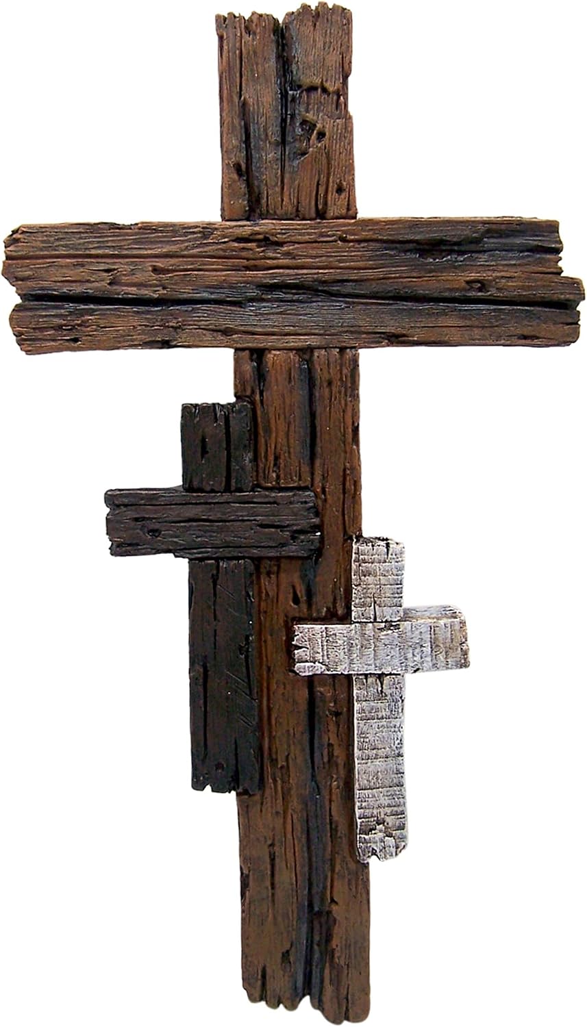Rustic Wood Look Wall Cross with Two Smaller Crosses Embedded, 16 Inches