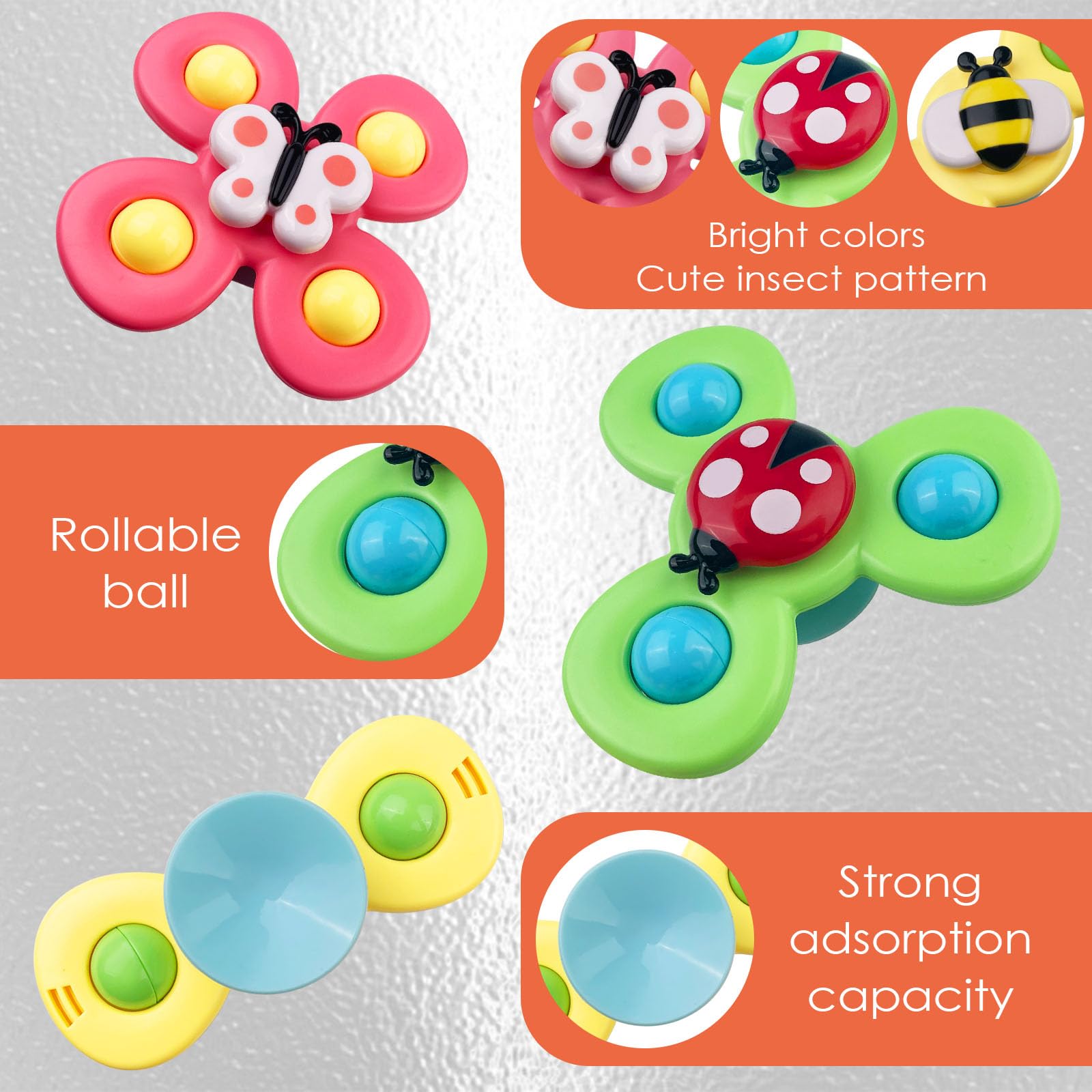 3PCS Jouet Bain Bébé, Spinner Bebe Ventouse, Coccinelle Abeille Papillon Animaux Mignons Jouets de Jeux Bain Bebe, Ventouses Rotatives Cadeau pour Tout-Petit, Enfants, Filles, Garçons