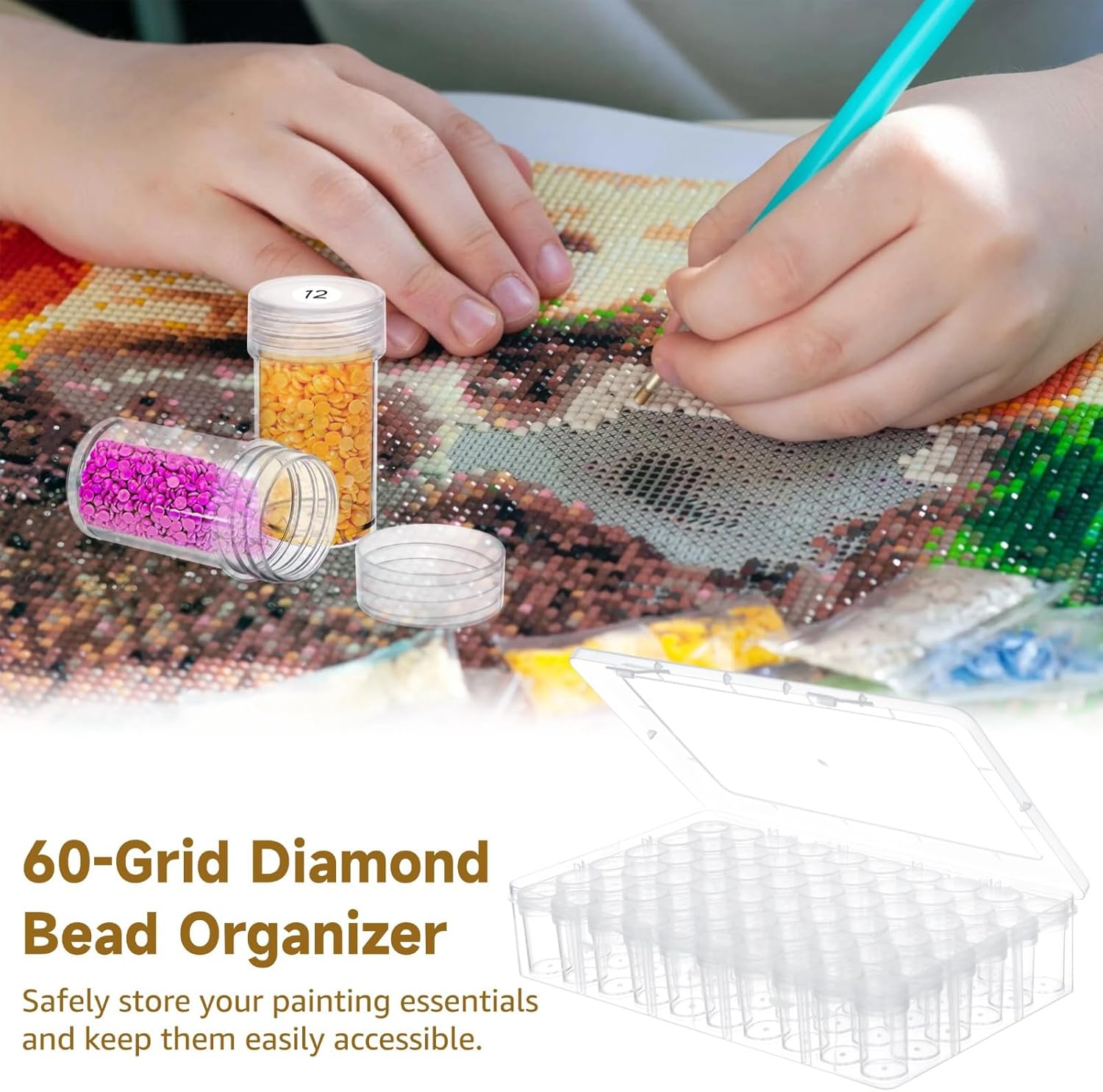 60-Slot Round Bead Storage Box, Transparent Case With Labels, Organizers, Secure Jar Set For Jewelry, Nails & Crafts