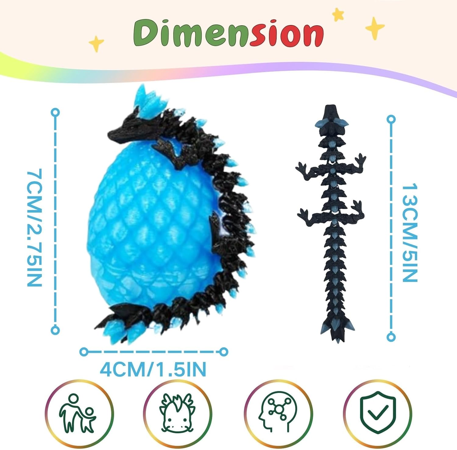4Pcs 3D Printed Dragon Eggs Glow in The Dark Cool 3D Printer Articulated Animals Fidget Toy for Teen Crystal 3D Print Dinosaur Toys for Boys Girls