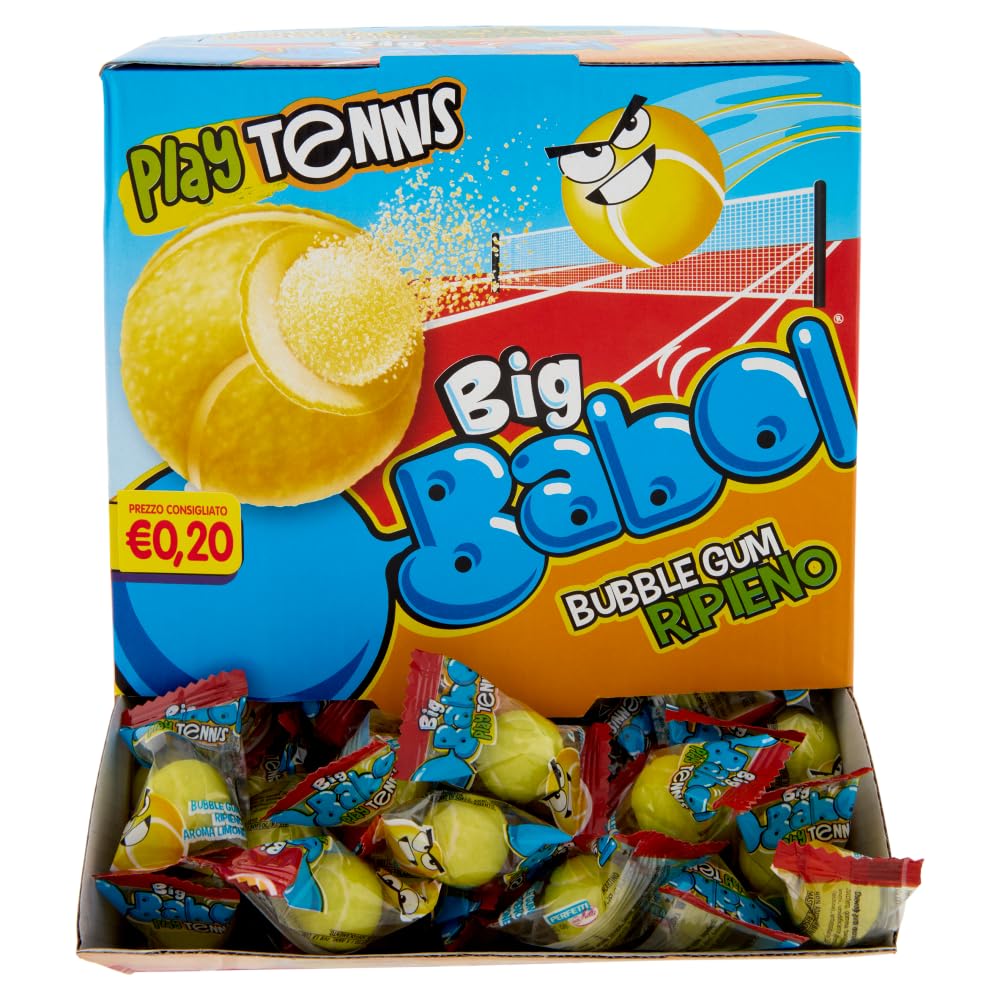 Big Babol Play Tennis, Chewing Gum morbido, Gusto Limone, senza Glutine, Confezione da 200 Gomme da Masticare Monoporzione, Incartate Singolarmente da Condividere, per Feste e Compleanni Bambini