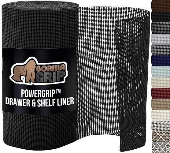 GORILLA GRIP powerGRIP Drawer Shelf and Cabinet Liner, Thick Strong Hold, Non-Adhesive Liners Protect Kitchen Cabinets and Cupboard, Bathroom Drawers, Easy Install, Breathable Mat, 12" x20', Black