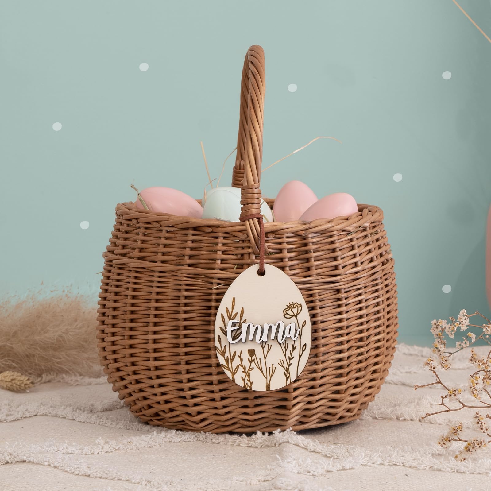 Personalisiertes Osterkörbchen – Weidenkörbchen für Kinder & Babys – Mit süßem Tier-Design – Ostereiersuche & Ostergeschenke - Flechtkorb - hello mini (Ei 3D Blume, Ø20cn)