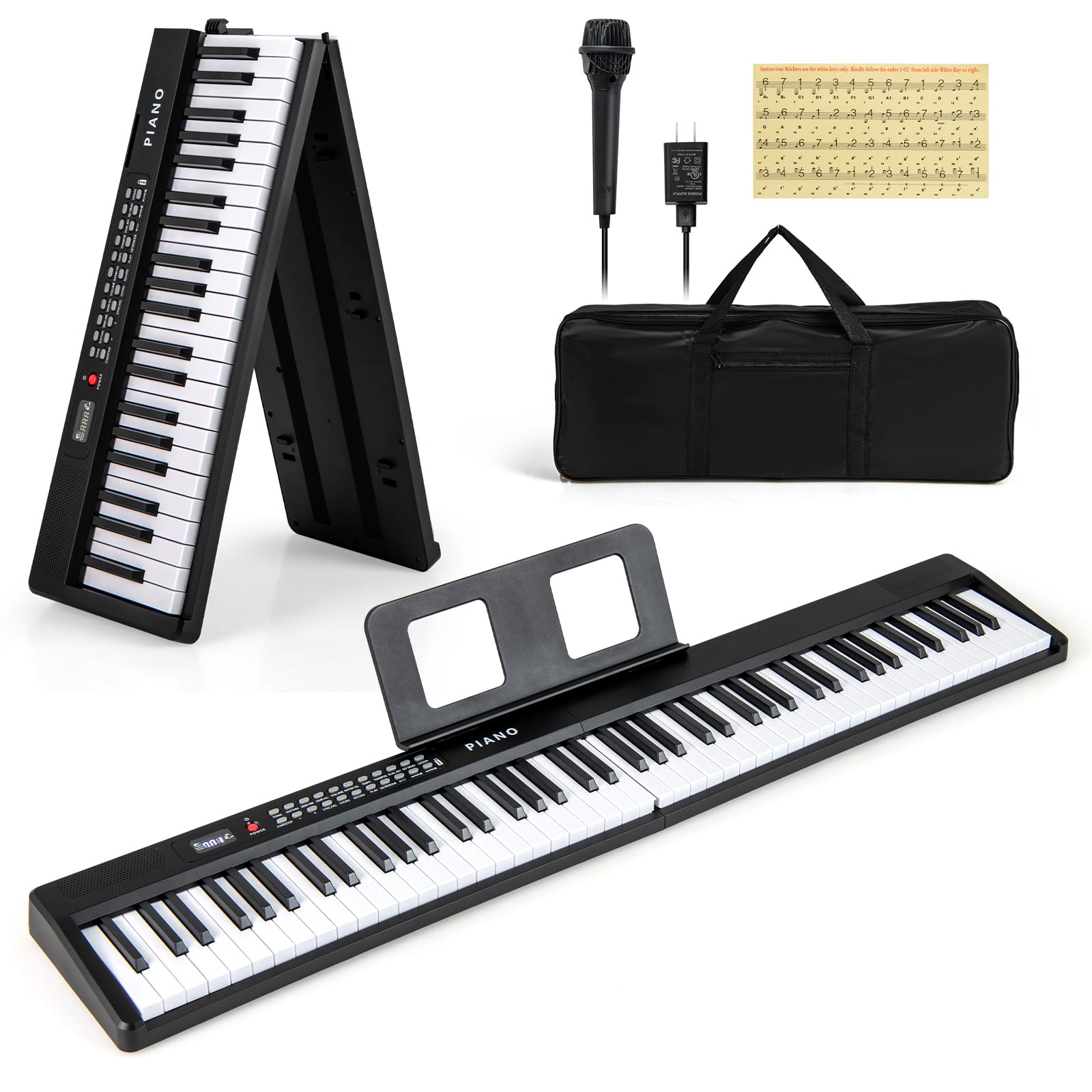 KOMFOTTEU Pianino cyfrowe 88 klawiszy, MIDI bezprzewodowe, podwójne głośniki, pianina elektroniczne, klawiatura semi-ważona, 1000 brzmień i rytmów, składane pianino cyfrowe z torbą transportową (Biały