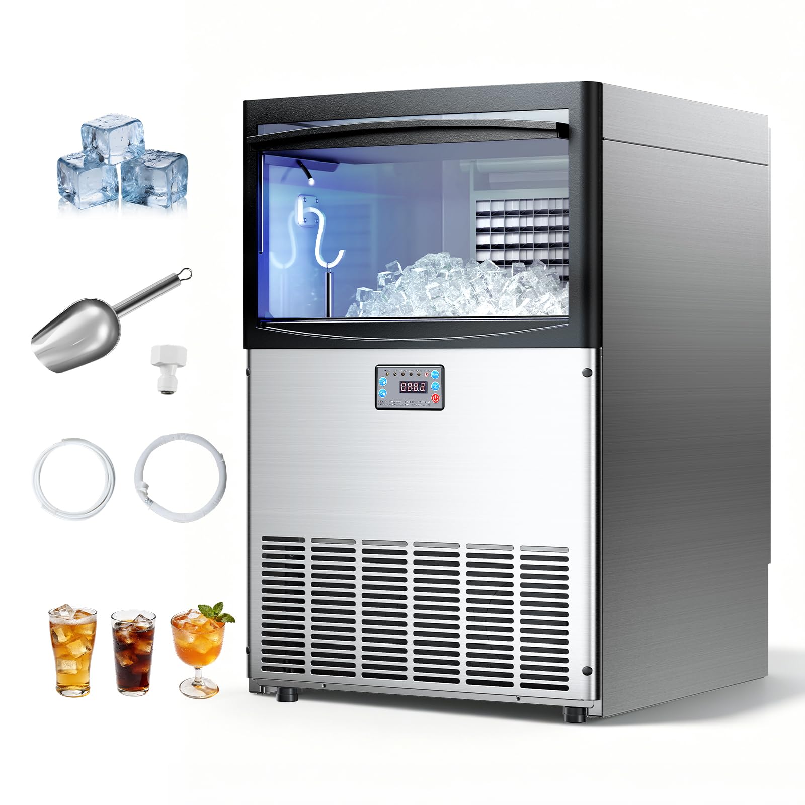 Photo 1 of VEVOR Commercial Ice Maker Machine, 200 lbs/24h with 50 lbs Storage Capacity, Built-in/Freestanding/Under Counter, Stainless Steel Ice Maker with LED Display & Self-Cleaning, for Home Bar Restaurant