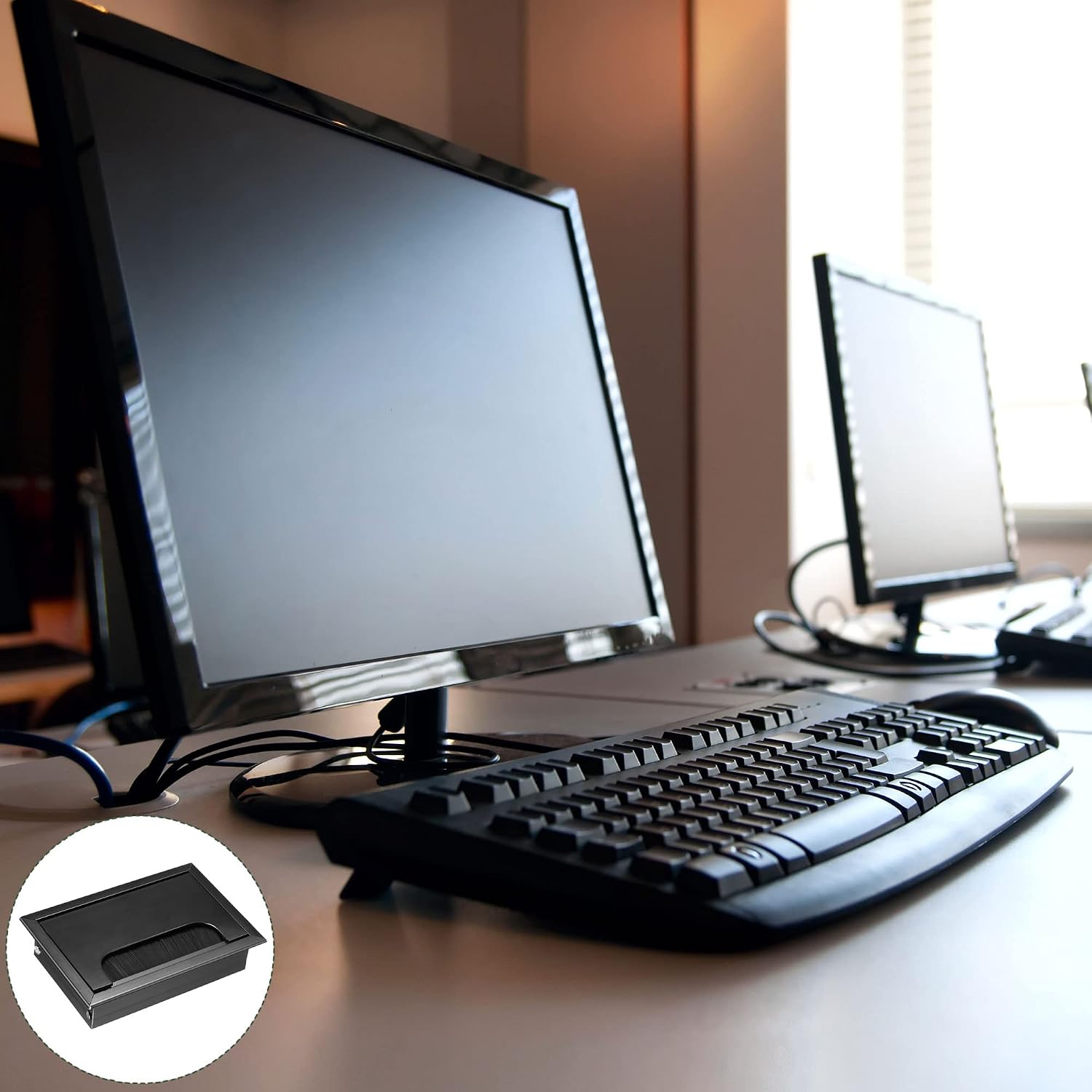 YOKIVE Desk Cable Hole Cover with Brush, Aluminum Alloy Grommet Great for Office, Home, Daily Use (108x69mm, Black)