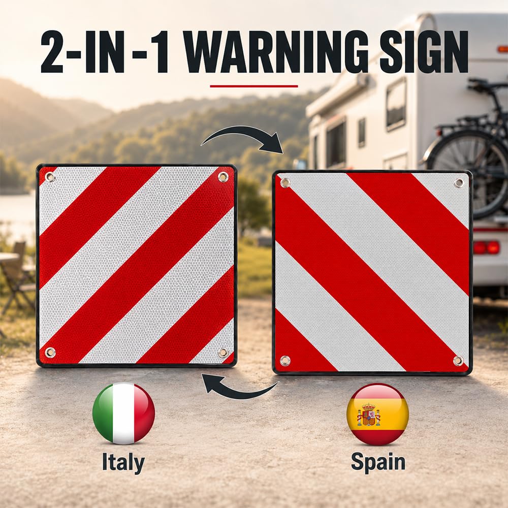 2Pcs Señal de Advertencia, ZMCVOE 2 en 1 Señal Reflectante de Advertencia Italia y España, Placa V20 Homologada para Portabicicletas, Remolques Traseros y Caravanas (50x50cm)