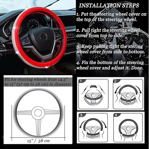 Miniatura 7 de Linda funda para volante para mujer, funda universal de 15 pulgadas para volante de diamante, se adapta a la mayoría de automóviles, SUV, camiones,