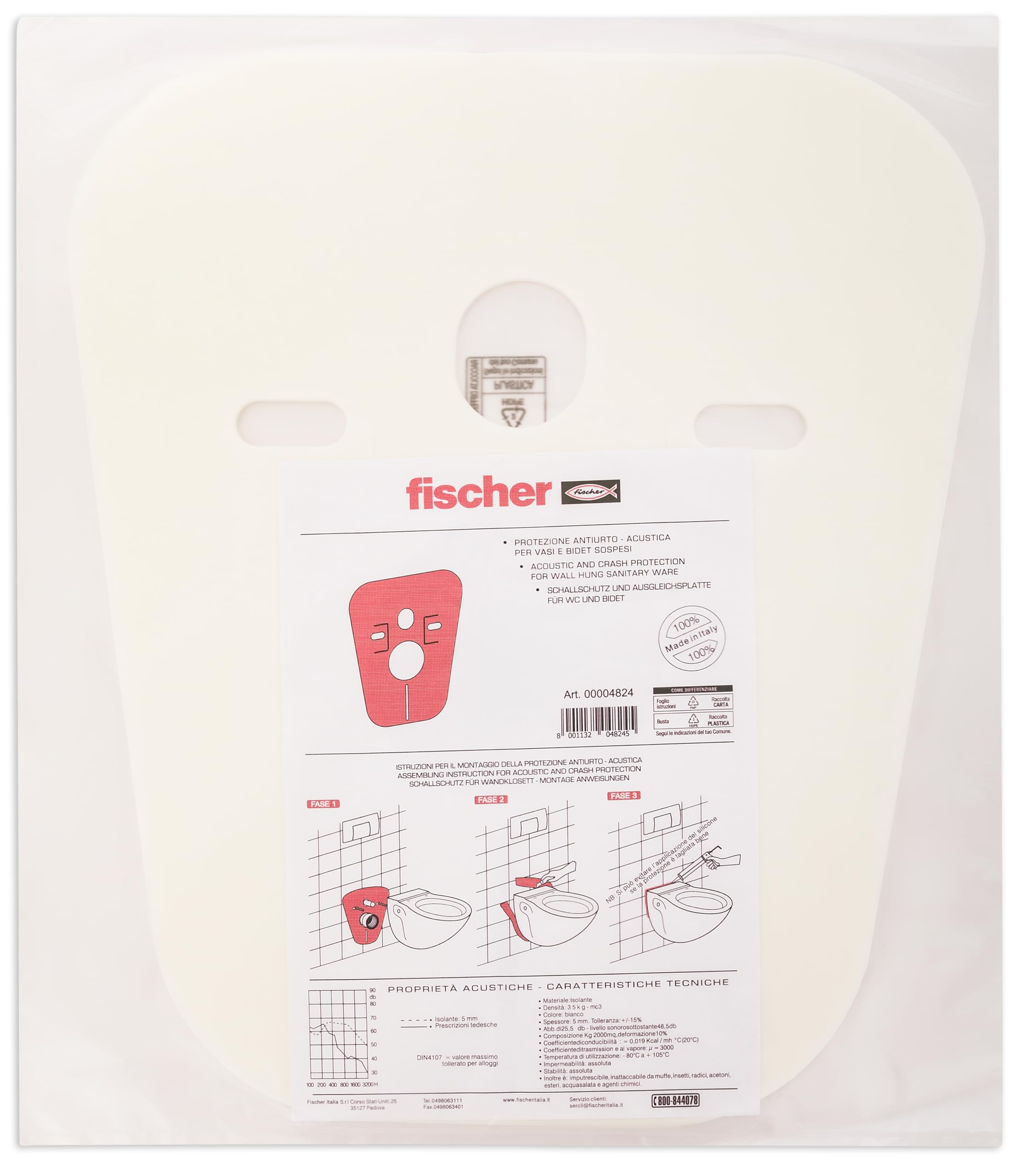 Fischer Membrana Anti Rumore per WC e Bidet, Guarnizione per Isolamento Acustico di Sanitari Sospesi a parete, Tappetino per Isolamento Acustico, Universale, Antiurto, 4824