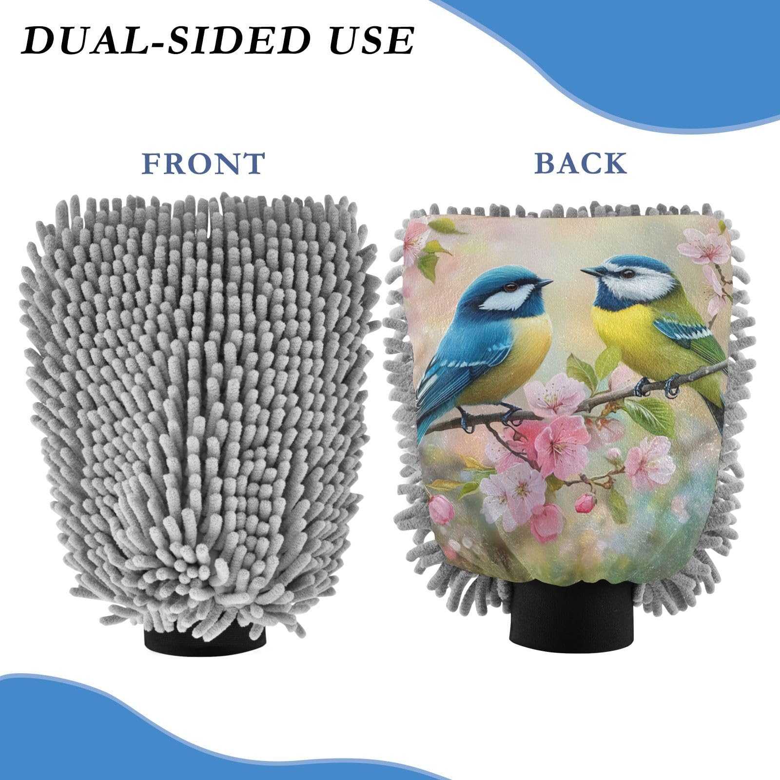 STAYTOP Two Colorful Birds Car Wash Mitt Microfiber, 2Pcs Scratch Free Lint-Free, Premium Chenille Microfiber Mitt Car Wash Brush-M