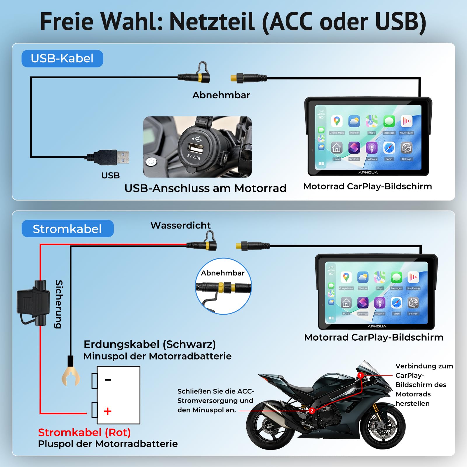 Motorrad Carplay Display 7 Zoll Wasserdichter Touchscreen, Reifendruckkontrollsystem (TPMS), Kabelloses CarPlay und Android Auto für Motorrad, Dual Bluetooth, GPS-Navigation