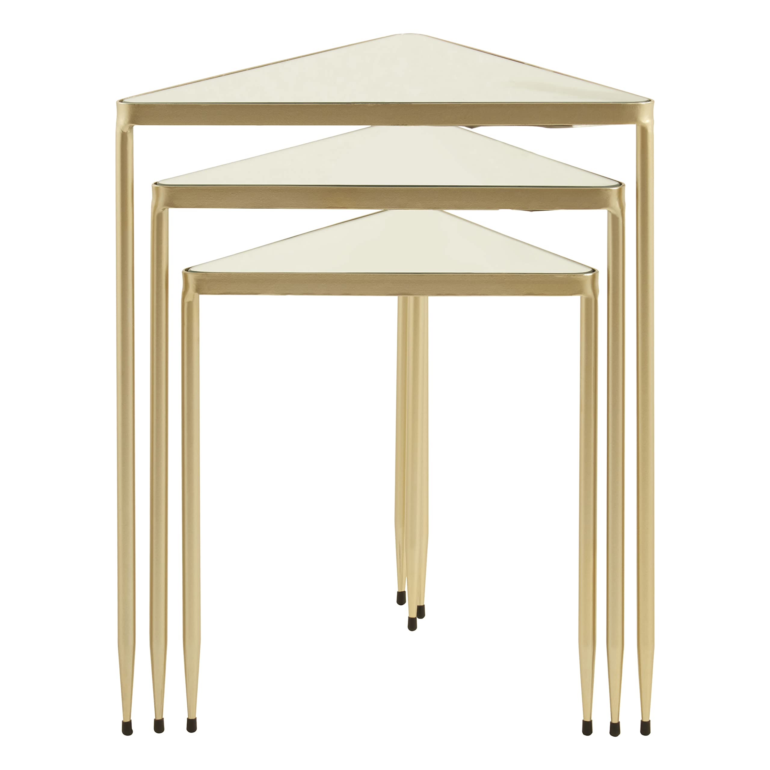 Premier Housewares Set Of 3 Rectangular Bedside Table For Lamp Mirror Tops With Champagne Finish Tables For Living Room Modern Metal Frame Table For Sides With Geometric Frame w46 x d40 x h55cm
