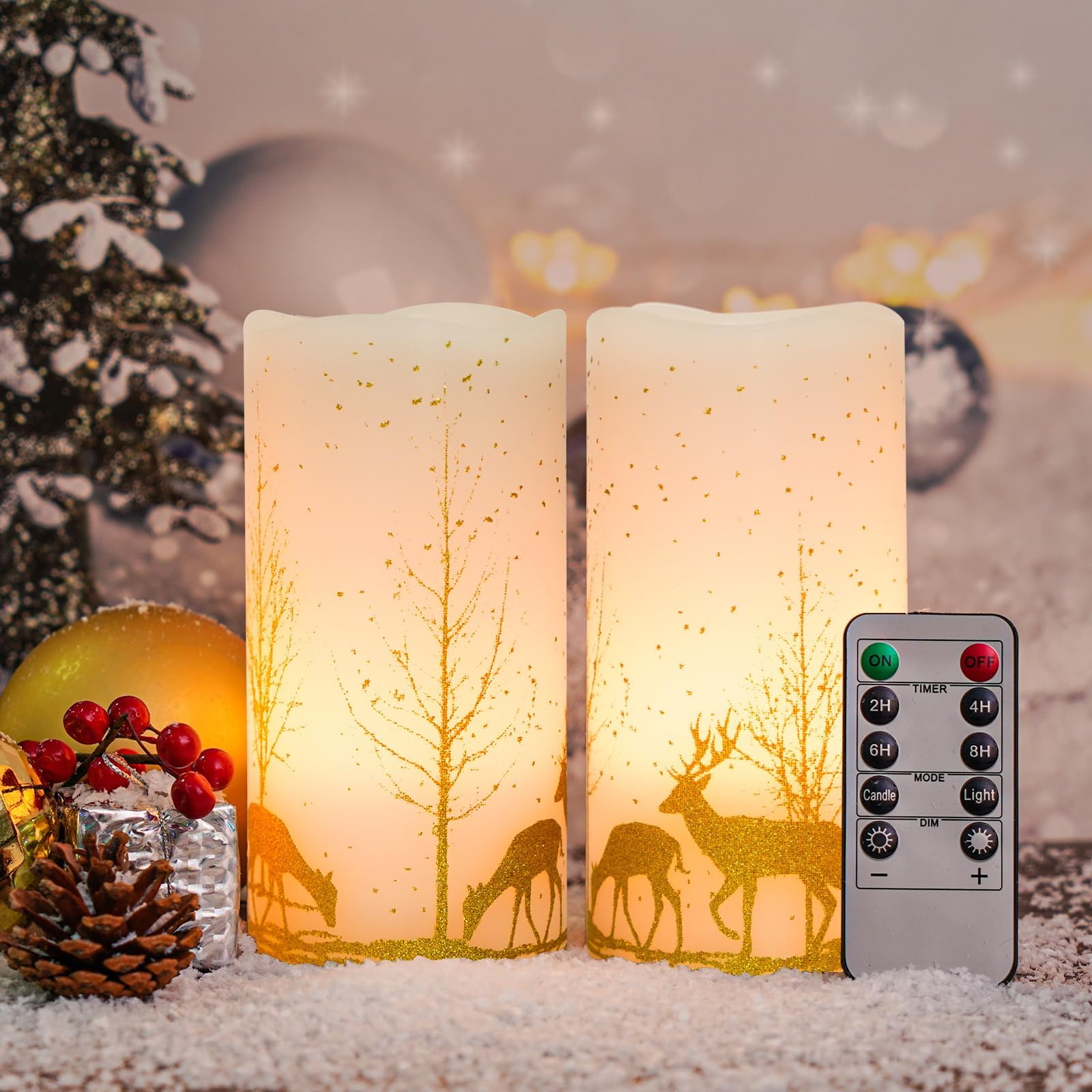 2Pack Christmas LED Flickering Flameless Candles, Battery Operated Wax Candles with Timer Remote, Flameless Pillar Candles with Forest Deer Decal for Home Decorations Christmas Gifts [Gold, 3"X6"]