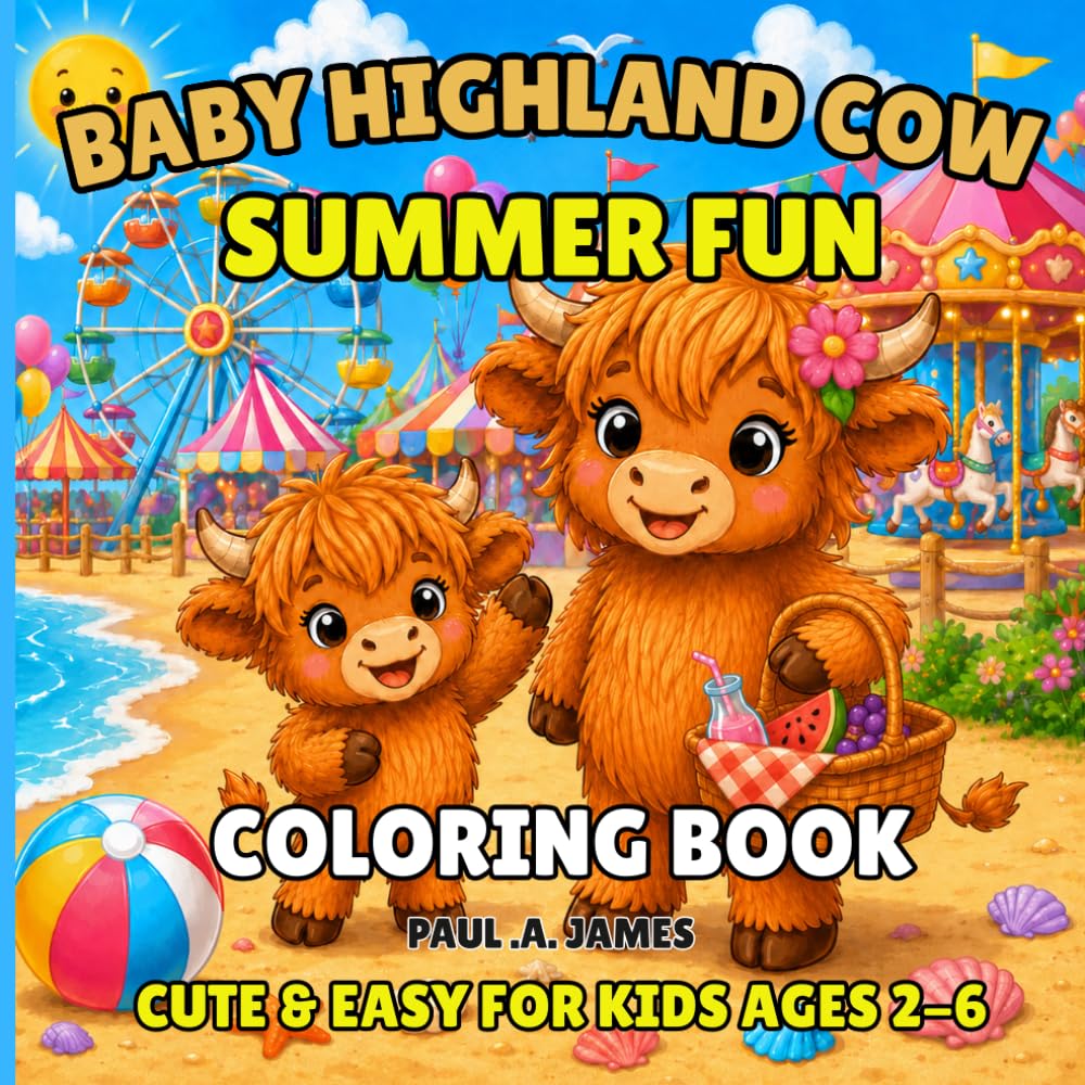 BABY HIGHLAND COW SUMMER FUN COLORING BOOK: CUTE & EASY FOR KIDS AGES 2 - 6 (BABY HIGHLAND COW COLORING ADVENTURES)