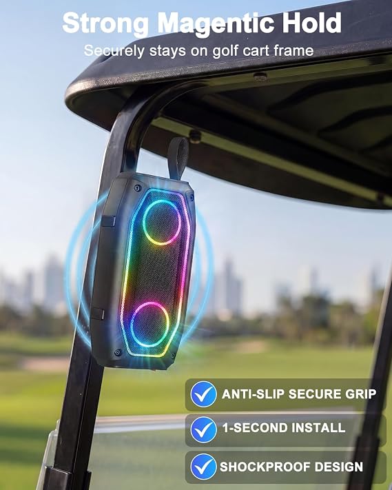 Qozybuds Magnetic Golf Speaker, 30W Portable Bluetooth 6.0 Golf Cart Speaker, IPX6 Waterproof, 30H Playtime, TWS Stereo, RGB Light, Shockproof Outdoor Speaker for Golf, Camping & Gifts