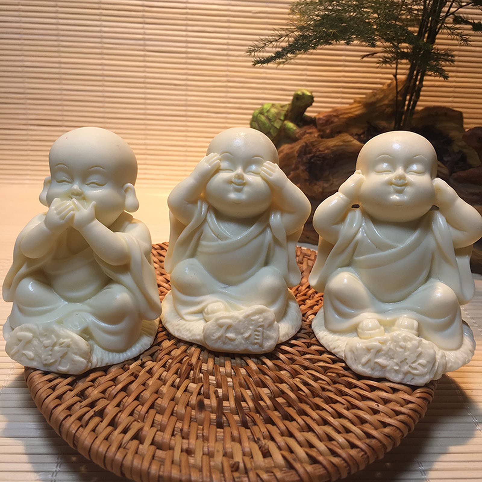 Three Buddhist Monk Figurines Set See No Evil Hear No Evil Speak No Evil Zen Sculpture Buddha Statues for Home Decor,White