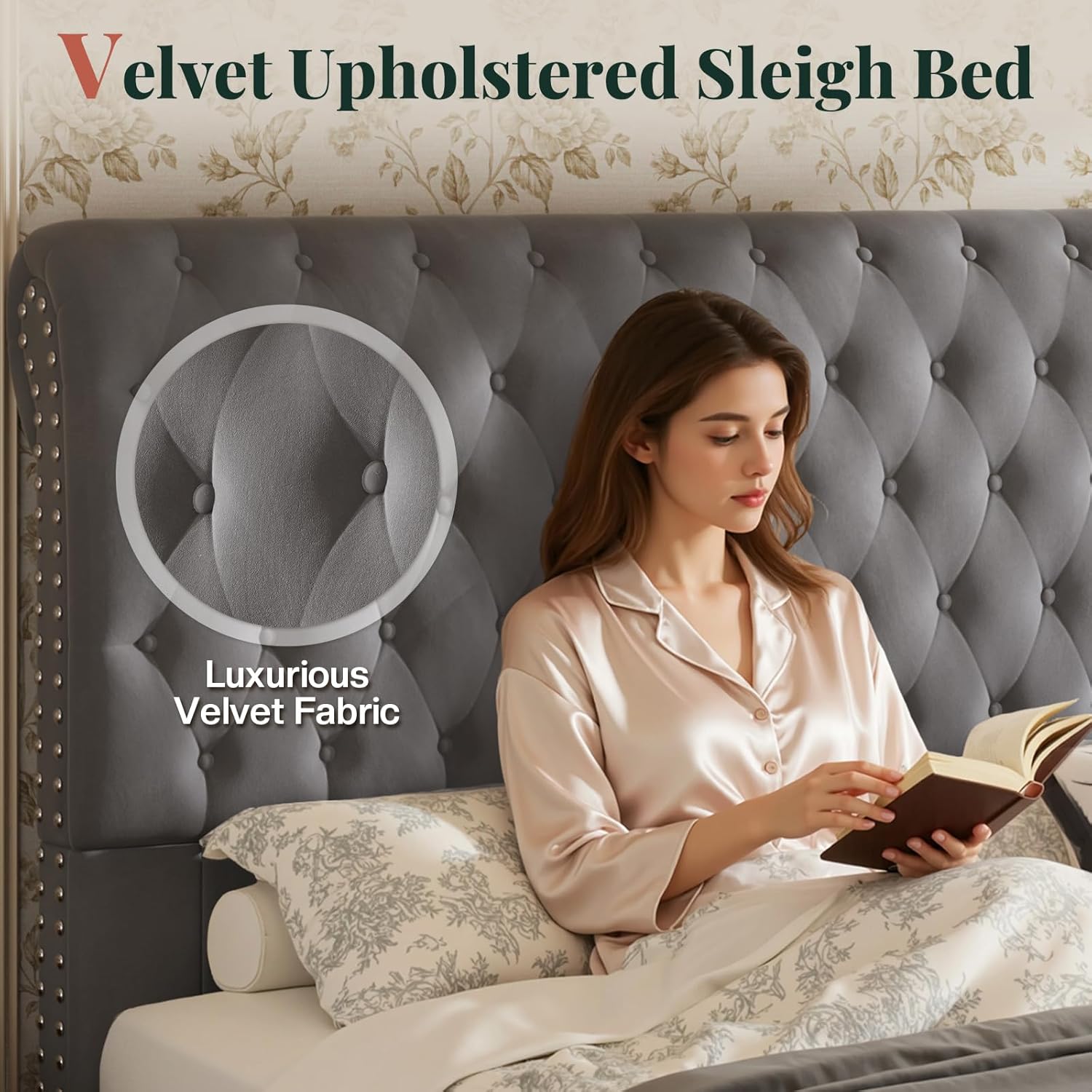 Jocisland King Size Bed Frame with 53" Tall Headboard, Velvet Upholstered Platform Sleigh Bed with Button Tufted Solid Wood Legs, No Box Spring Needed, Easy Assembly, Gray