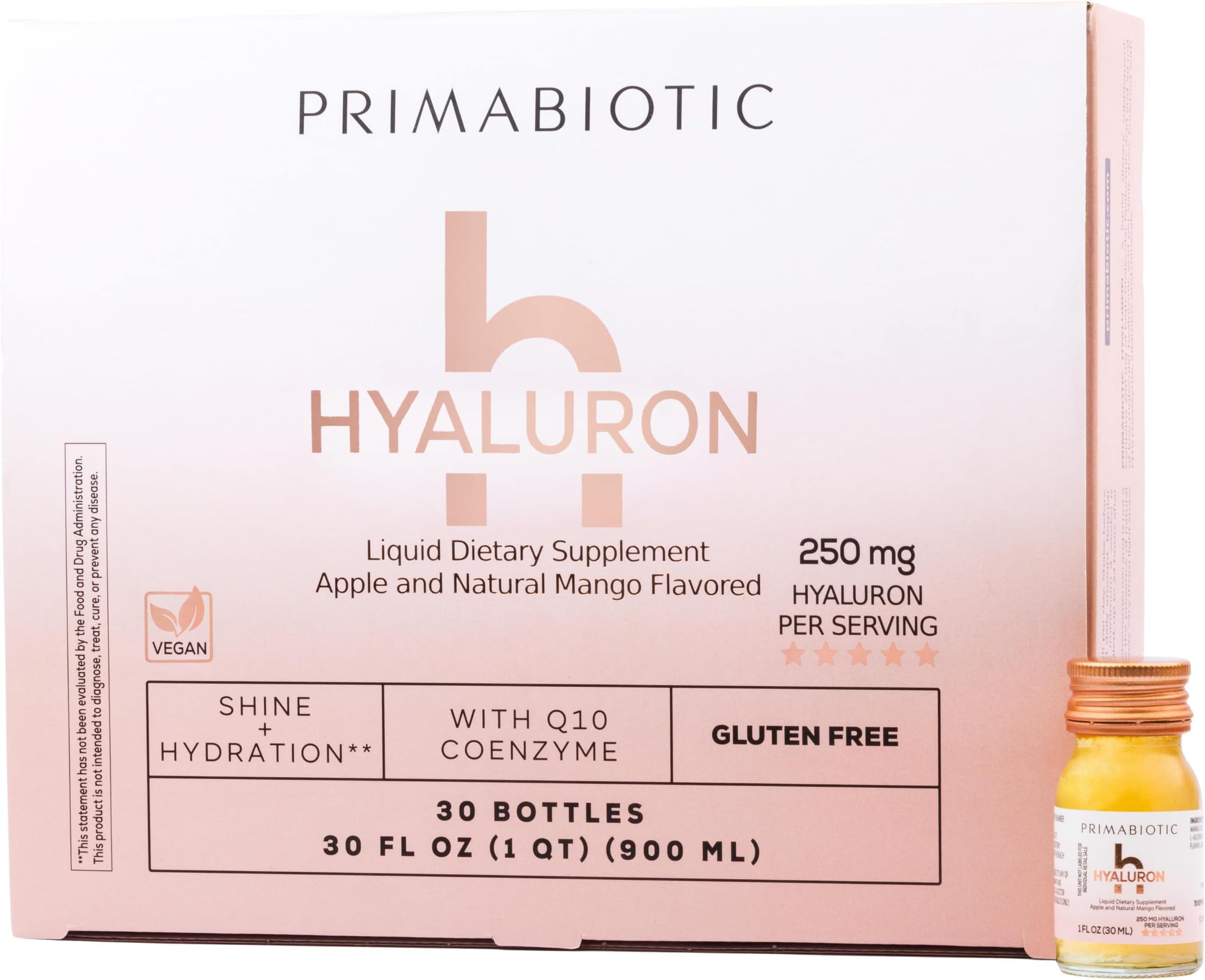 PRIMABIOTIC Hyaluronic Acid 250mg - Mango Flavor 30 Shots x30ml | Vegan, Deep Hydration, Anti-Aging and Skin Elasticity Support - Beauty Drink for Hydration, Smoothness and Firmness