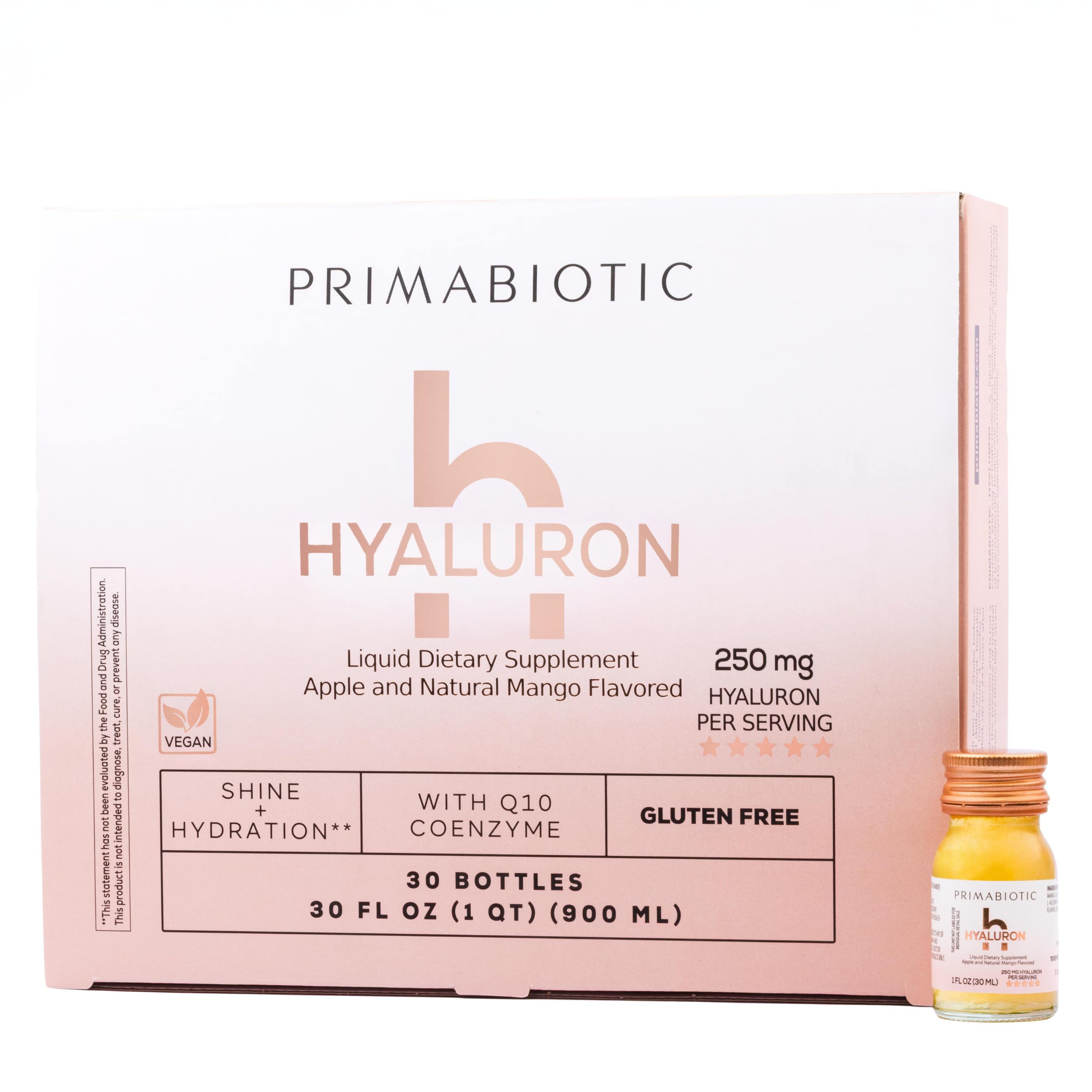 PRIMABIOTIC Hyaluronic Acid 250mg - Mango Flavor 30 Shots x30ml | Vegan, Deep Hydration, Anti-Aging and Skin Elasticity Support - Beauty Drink for Hydration, Smoothness and Firmness