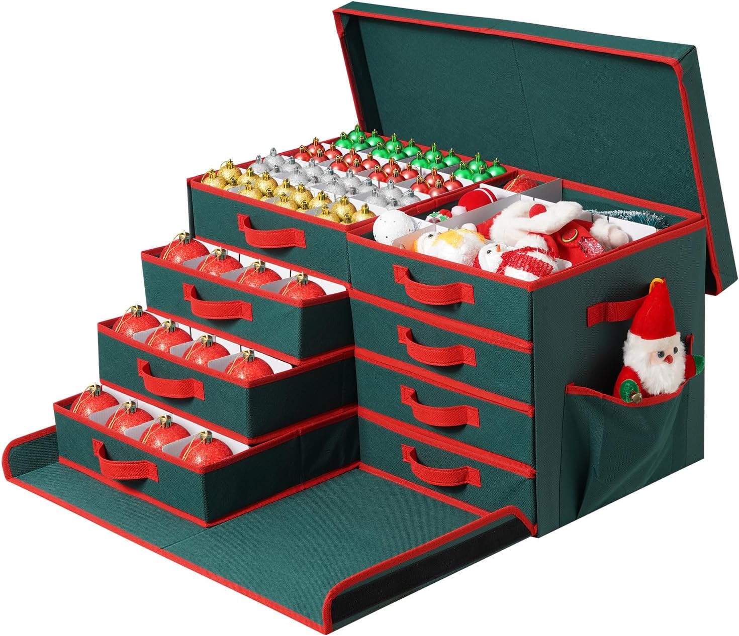 Christmas Ornament Storage Box, Stackable Organizer with Lid and Pockets, Side Open, 8 Trays, 128-3" Holiday Ornament Container with Removable Trays and Adjustable Dividers, Red