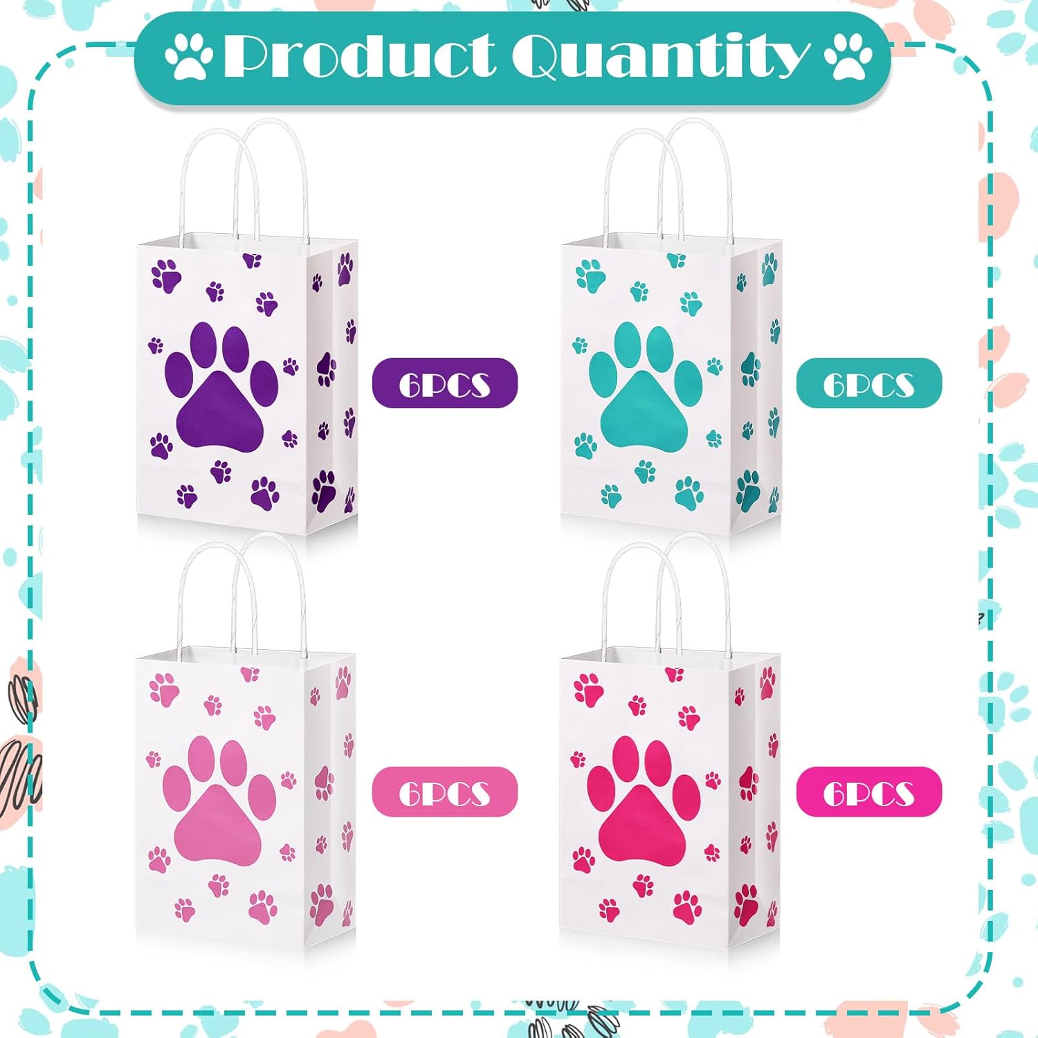 Resurhang 24 Pcs Paw Print Gift Bags with Handle Paper Treat Goodie Dog Gift Bags Dog Birthday Party Favors for Girl Boy Baby Shower, 8.2 x 6 x 3 Inches(Light Pink, Rose Pink, Teal, Purple) - Image 6