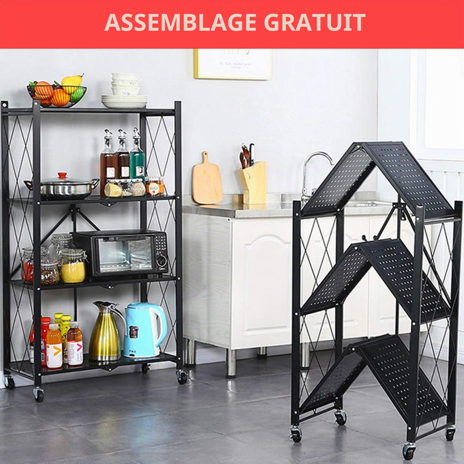 Étagère de rangement pliable en métal 4 étagères - 71,1 x 35,6 x 127 cm (l x p x h) - Pour garage, cuisine, boulangerie, robuste sur roulettes