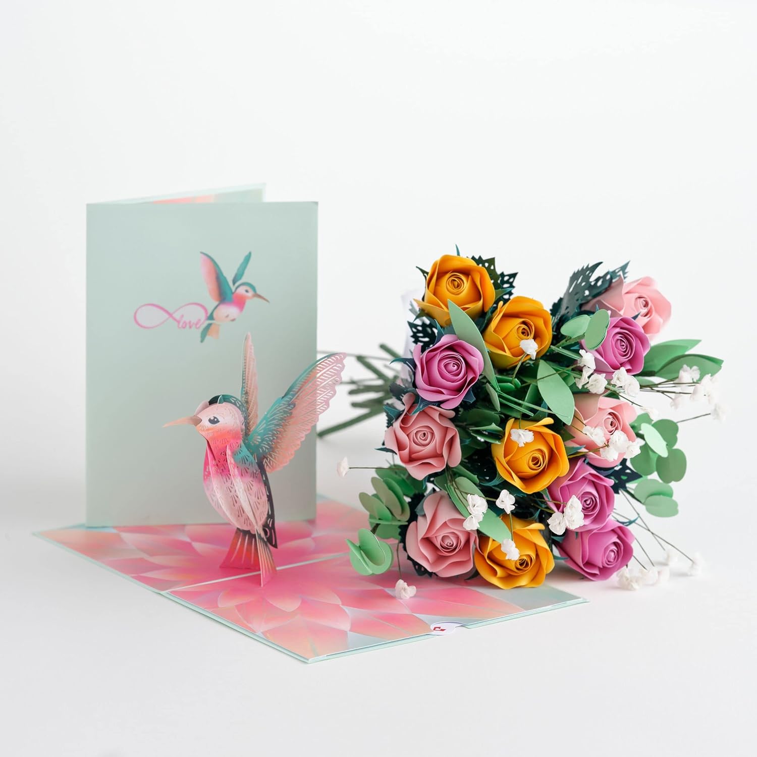 Lovepop Handcrafted Paper Flowers: Pink and Yellow Roses (12 Stems) with Lovely Hummingbird Pop-Up Card - Unique 3D Floral Bouquet with Greeting Card