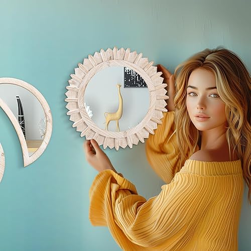 Miniatura 3 de WAKOSAN Espejo de pared, juego de espejos de fase lunar, decoración de pared para dormitorio, espejo bohemio de madera y vidrio real con reflejo