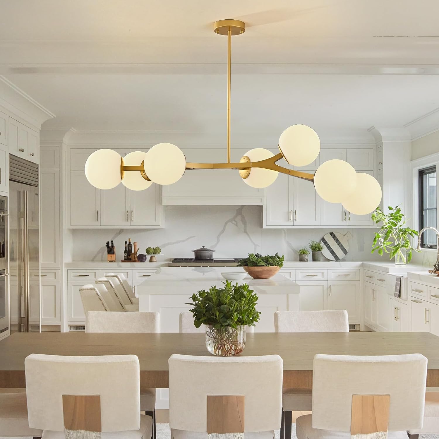 TAKEGO 52" Large Brass Gold Modern Linear Chandeliers for Dining Room, 7 Lights Large Mid Century Modern Chandelier Sputnik Chandeliers Pendant Light, Globe Chandelier for Living Room Kitchen Island